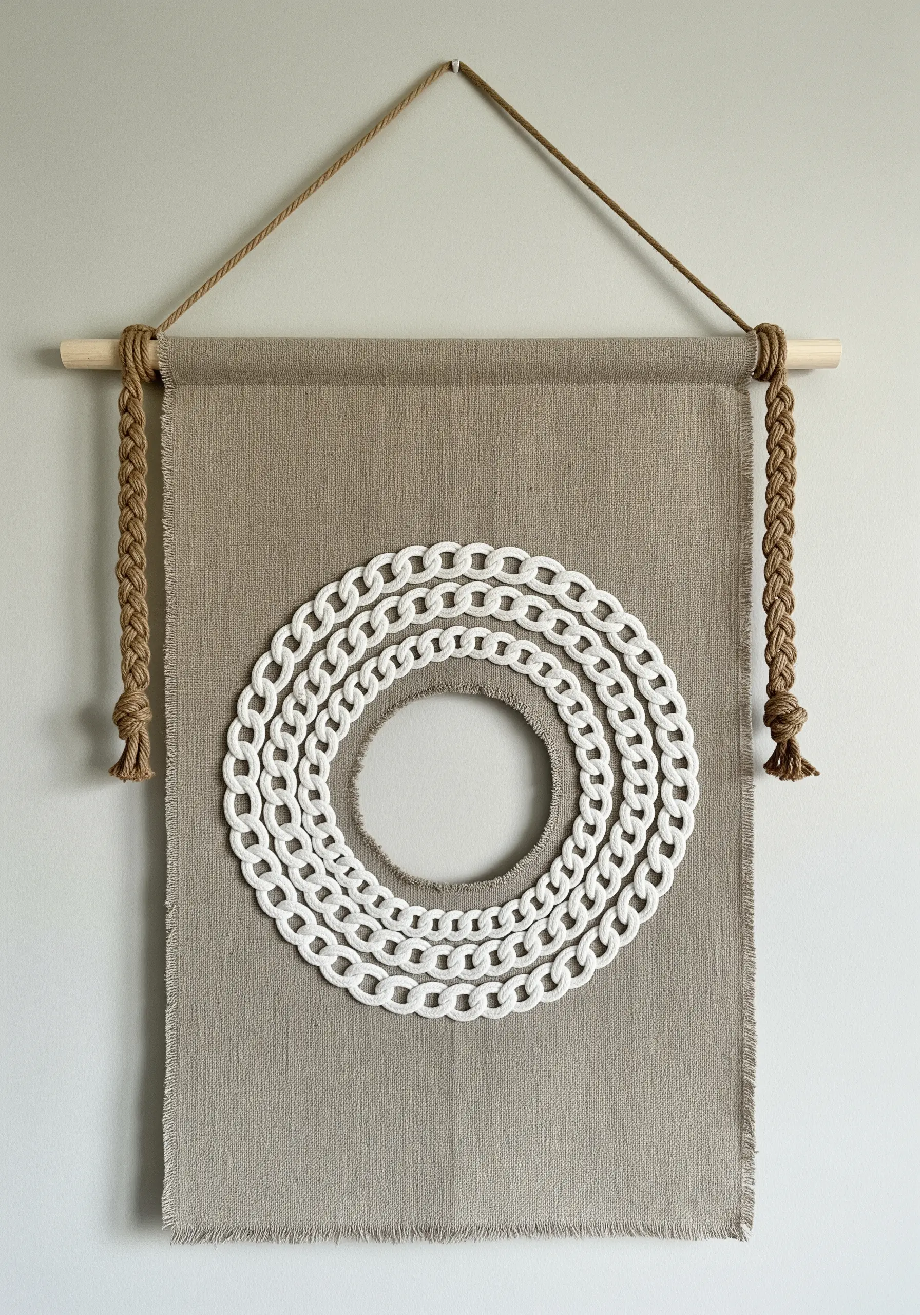 A textural wall hanging with concentric circles of thick white chain stitch on linen.