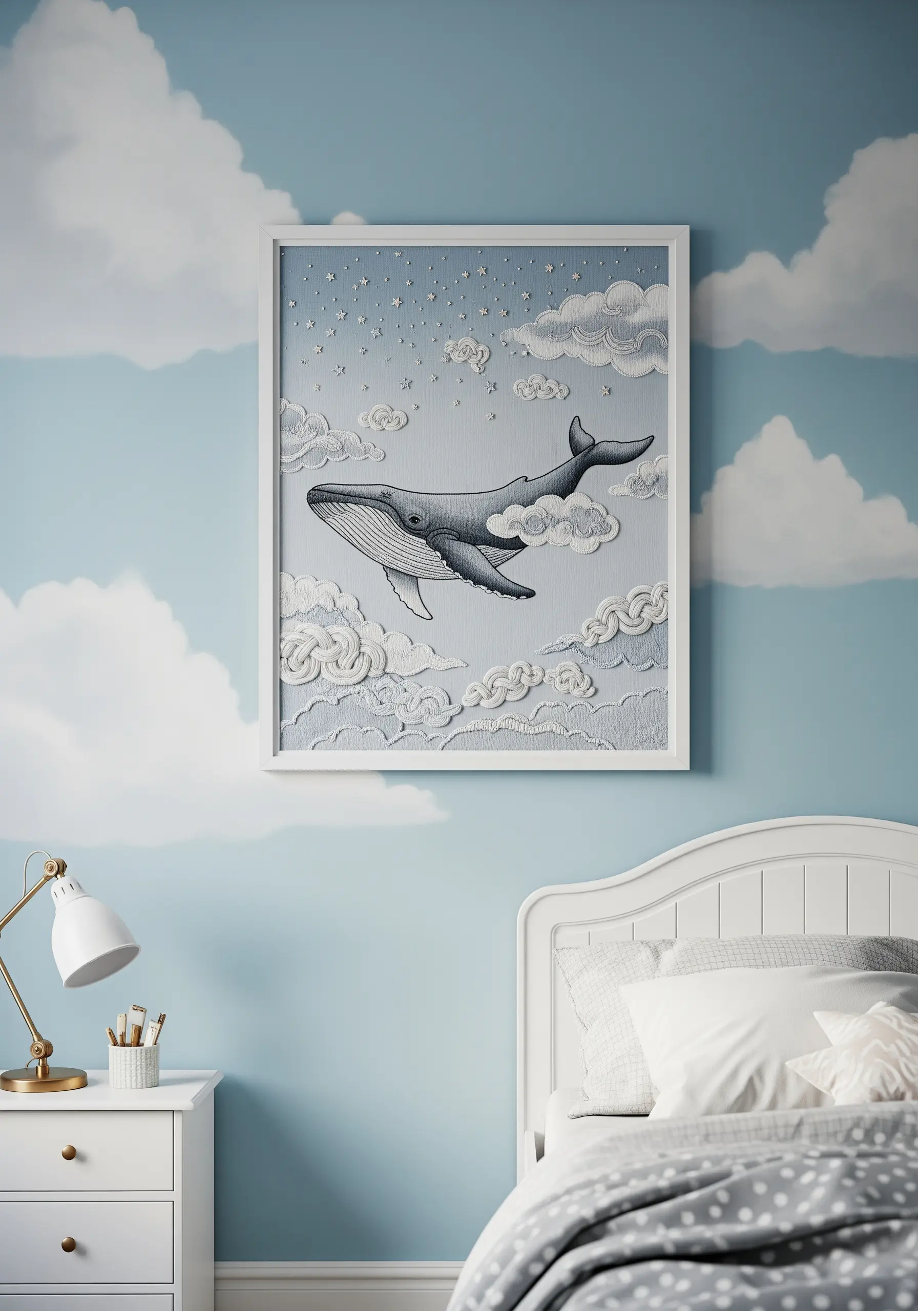 A fantastical scene of a whale flying through puffy, three-dimensional embroidered clouds.
