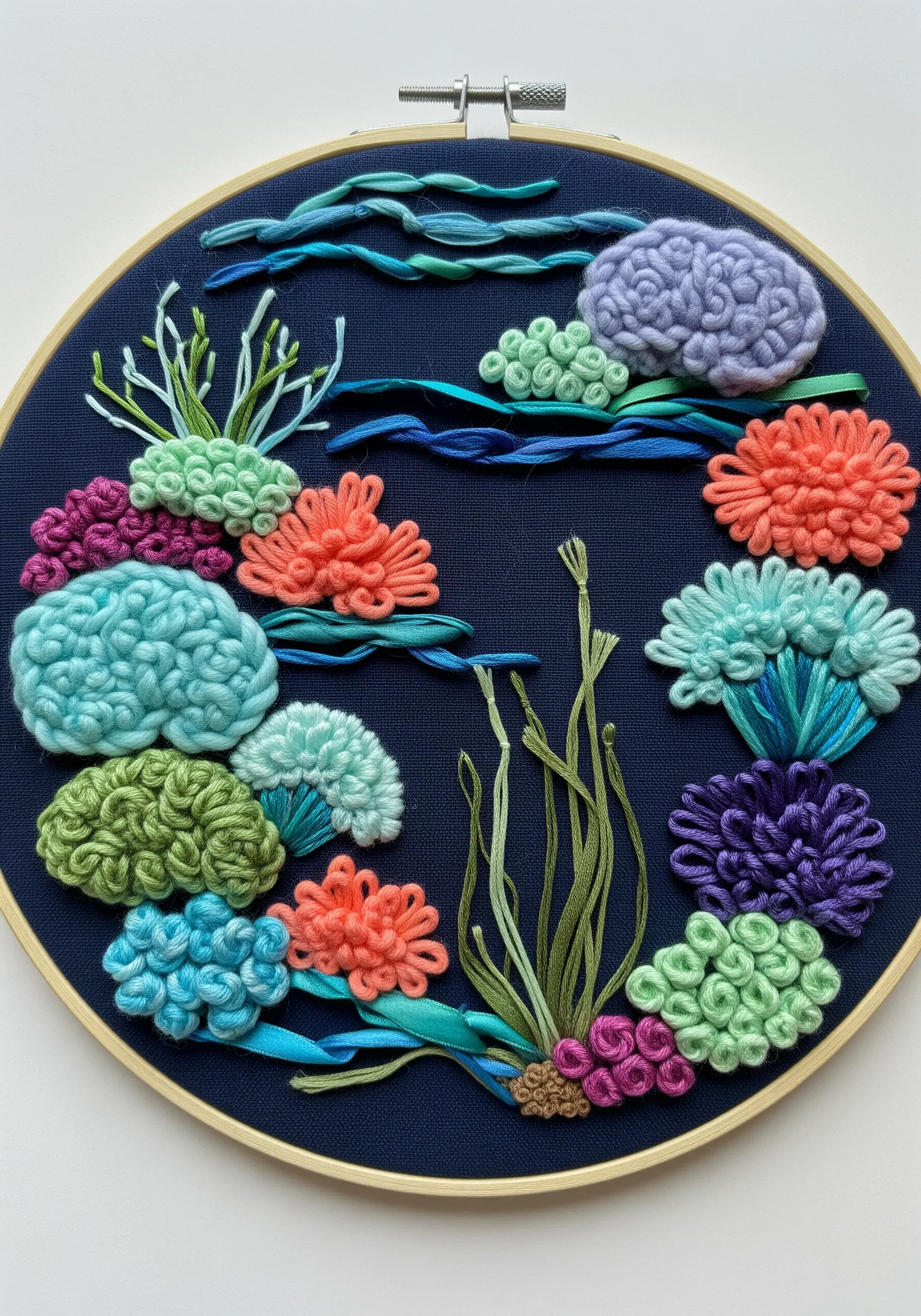 A colorful and textural embroidered coral reef using various 3D stitches on navy fabric.