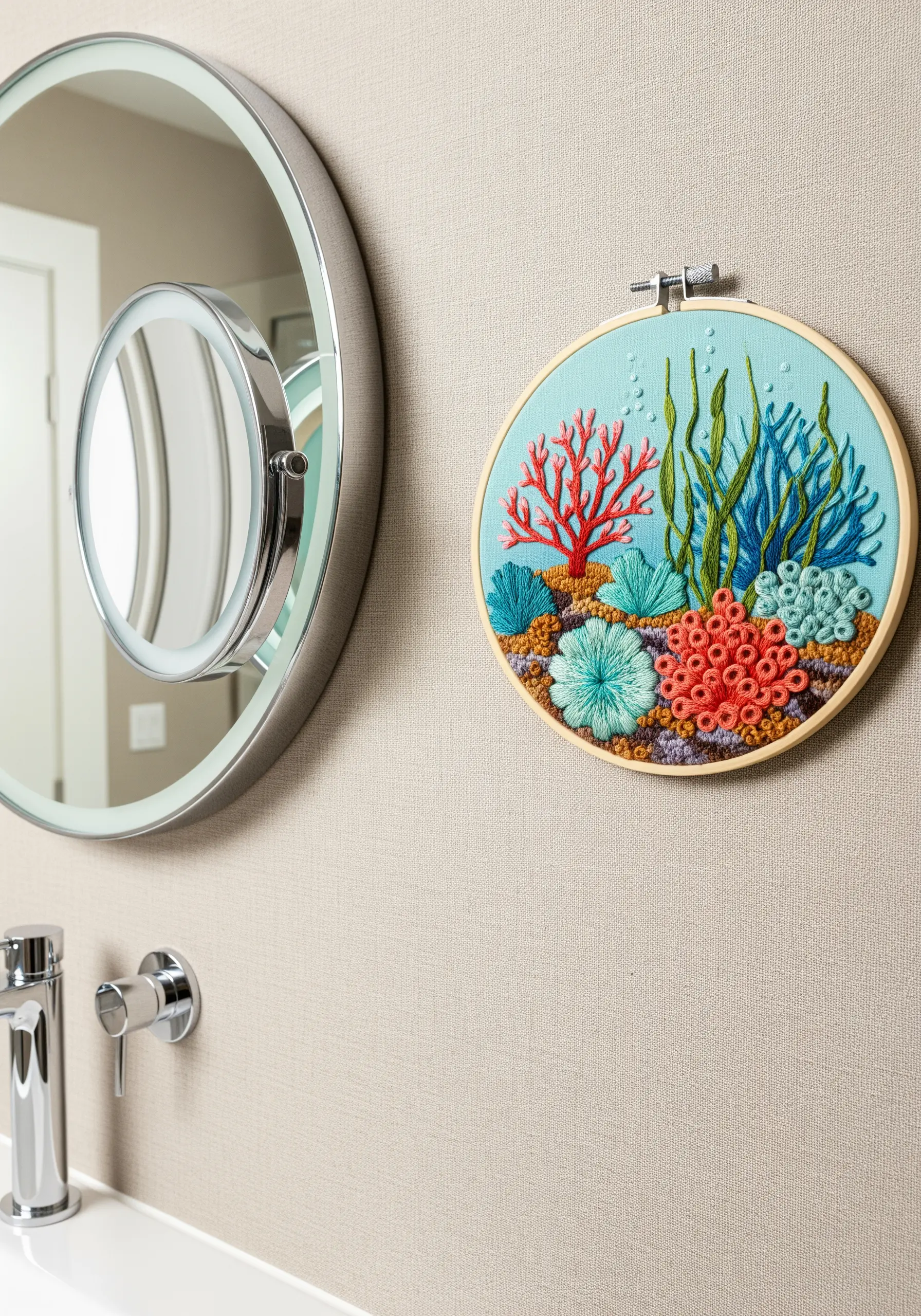 A vibrant embroidery hoop depicting a coral reef with highly textured stitches and knots.