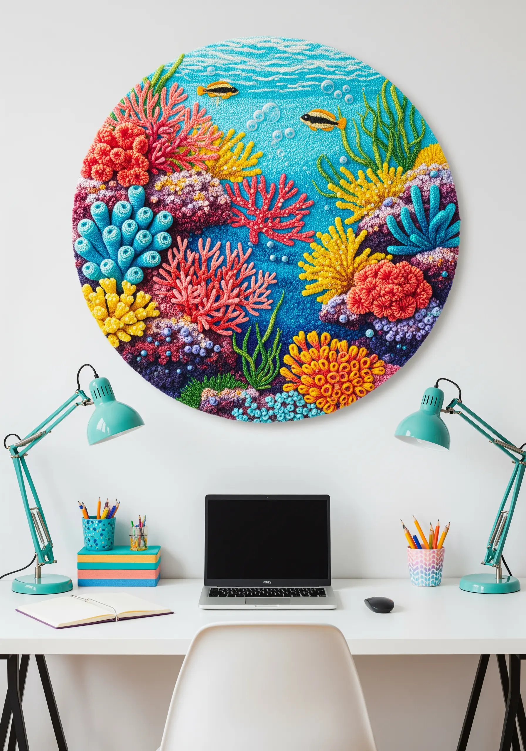 A vibrant, round embroidery of a coral reef with highly textured, 3D stitches.