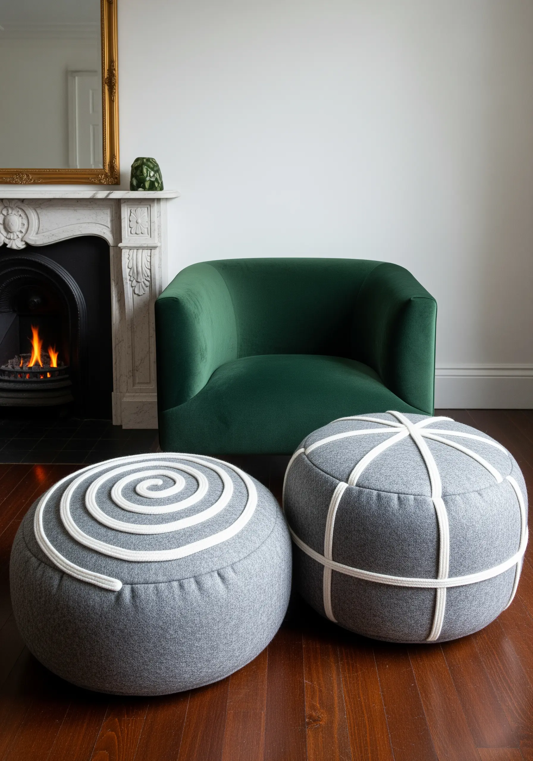 Two gray ottomans embellished with thick white rope couched in spiral and grid patterns.