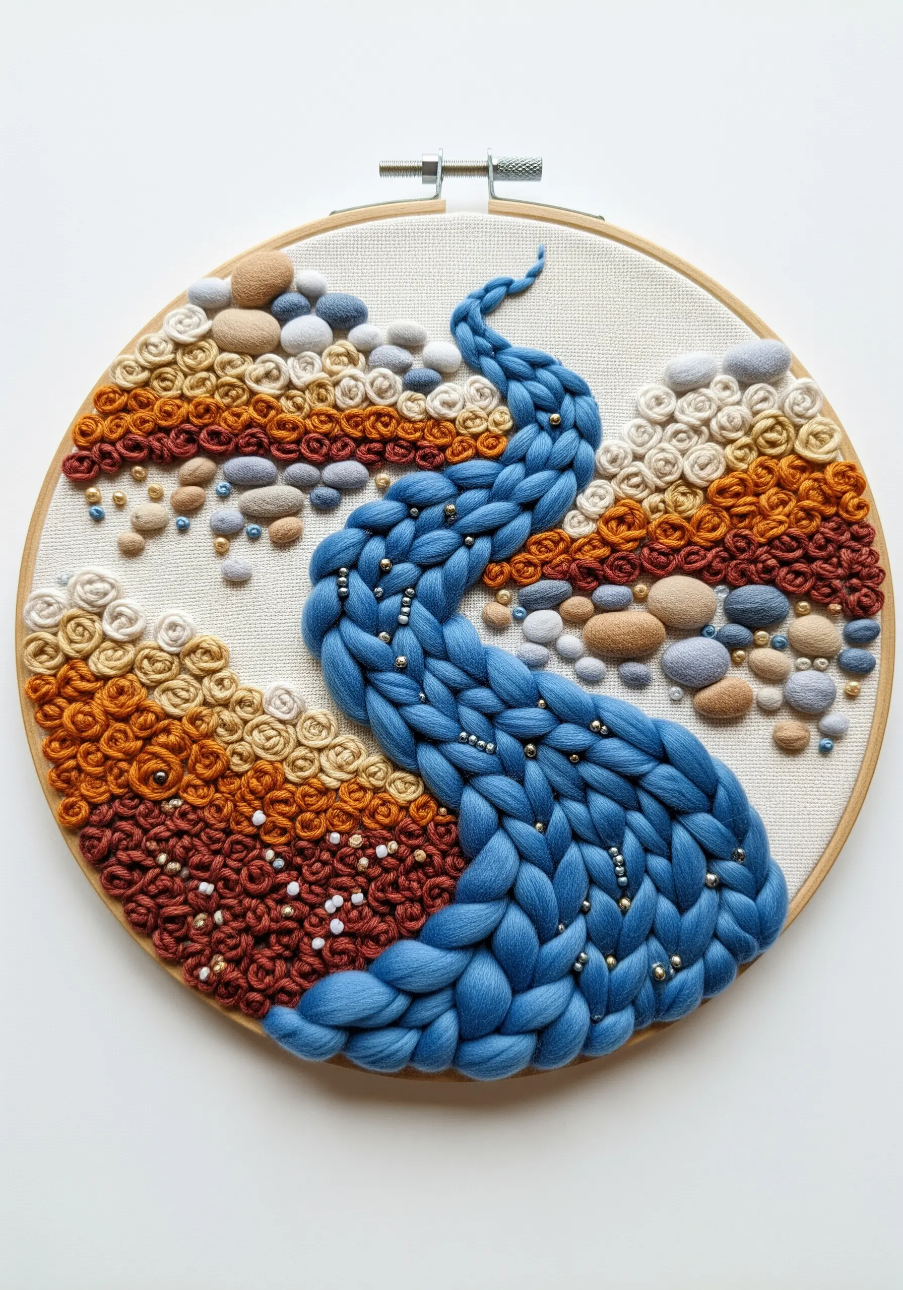 Abstract river landscape using chunky blue wool roving, French knots, and beads in a hoop.