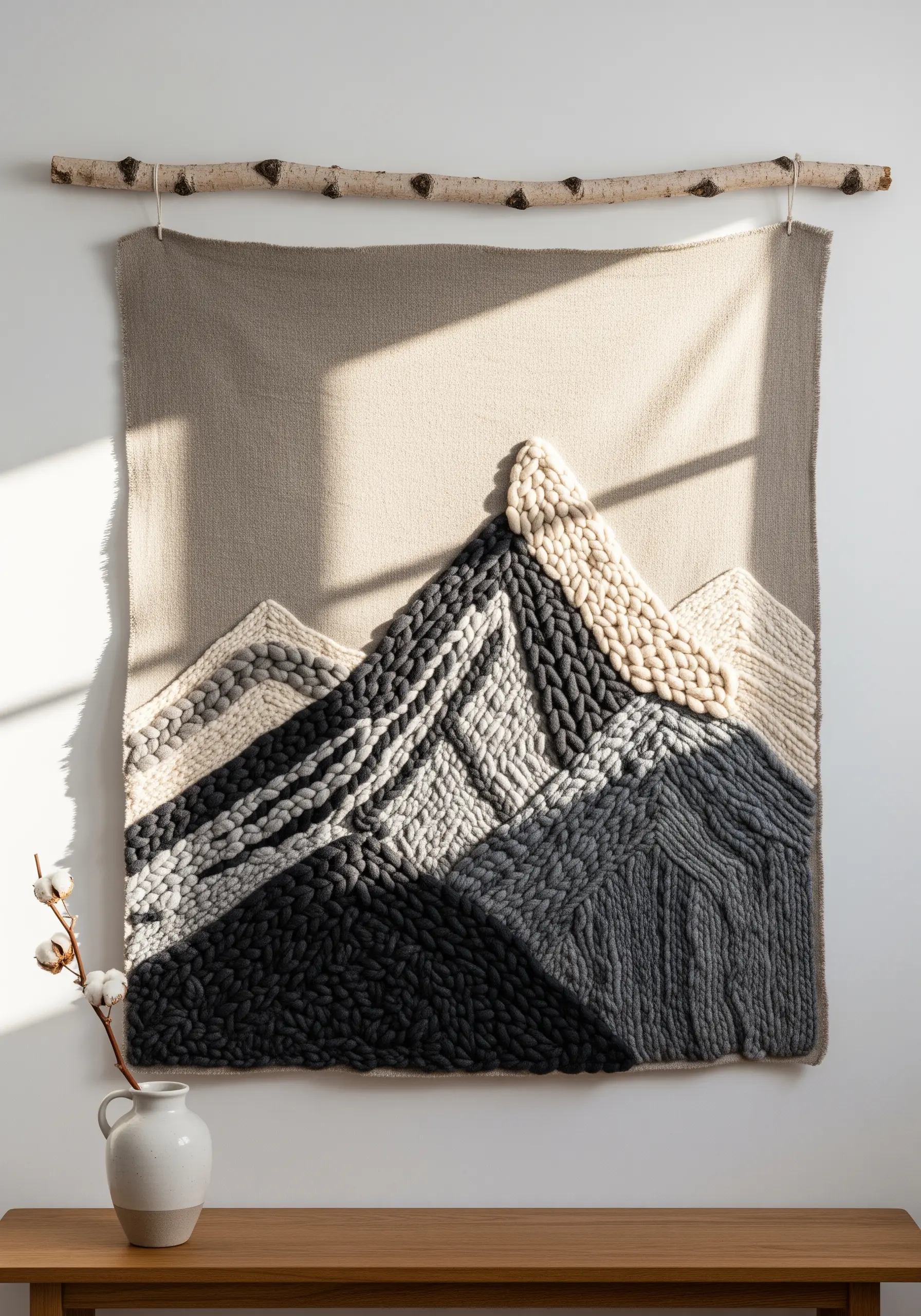 Textured neutral mountain landscape wall hanging made with chunky yarn embroidery.