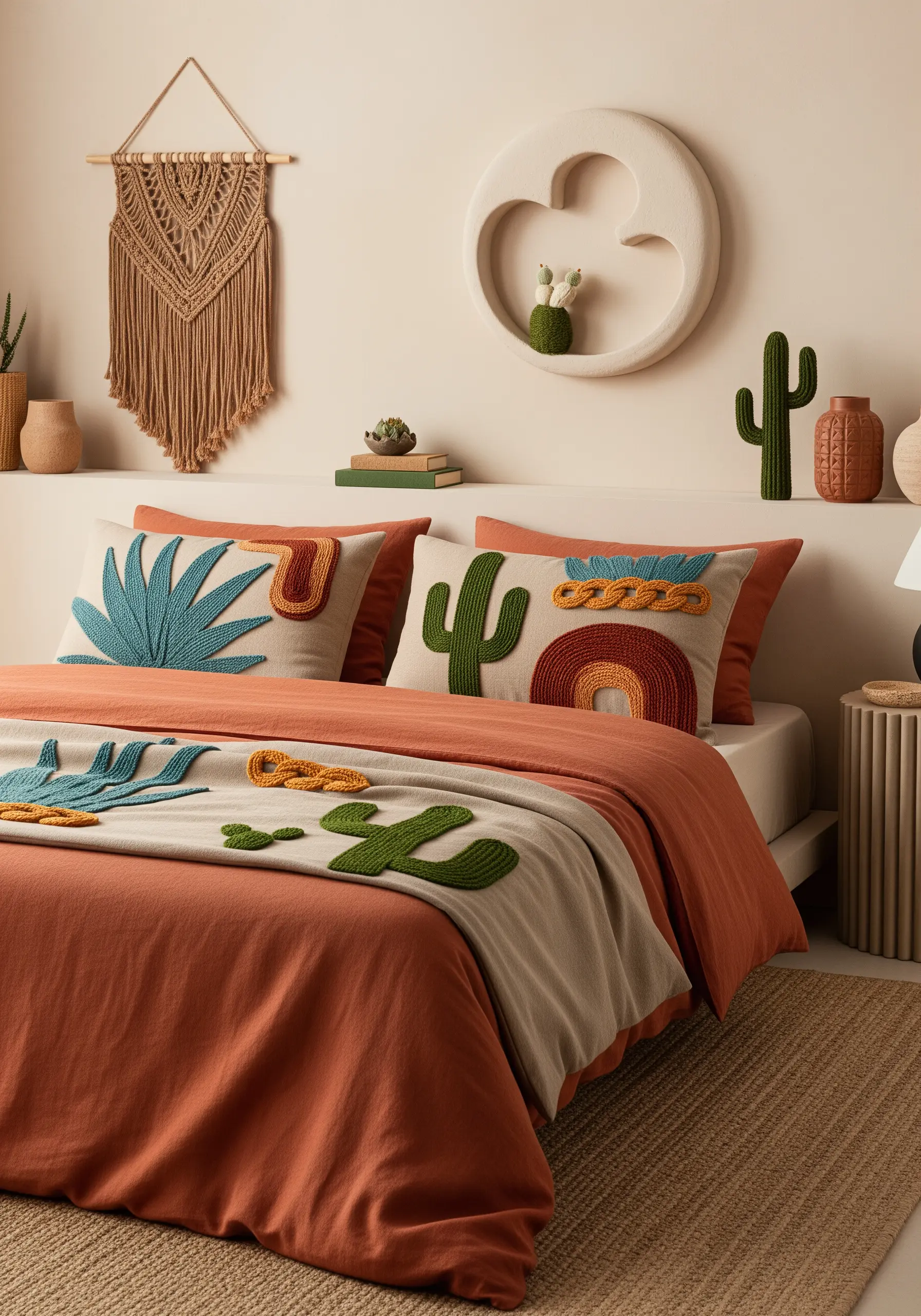 Bedding with punch needle and appliqué designs of cacti and abstract desert shapes.
