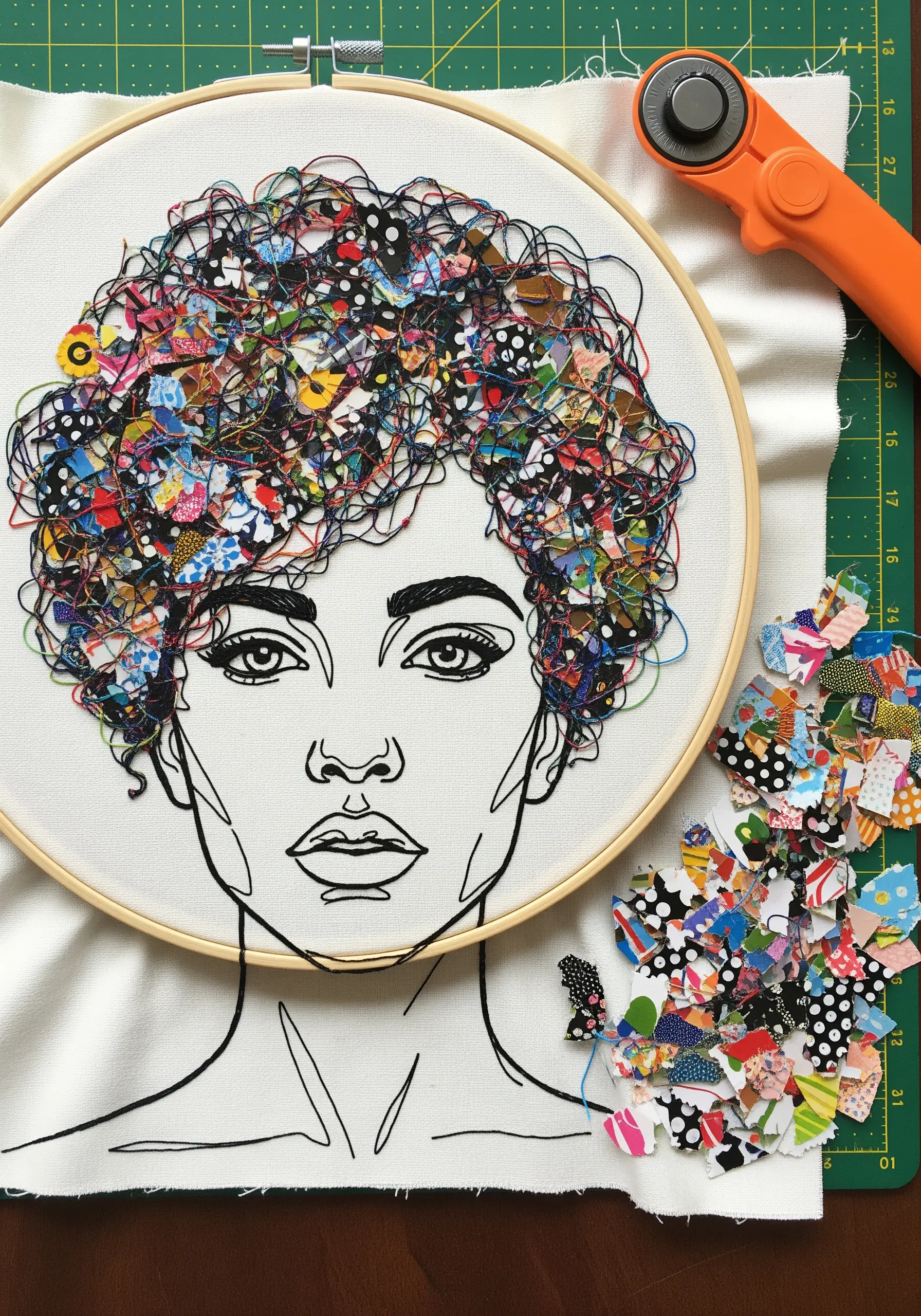 Embroidered line art portrait with voluminous hair made from a collage of fabric scraps and thread.