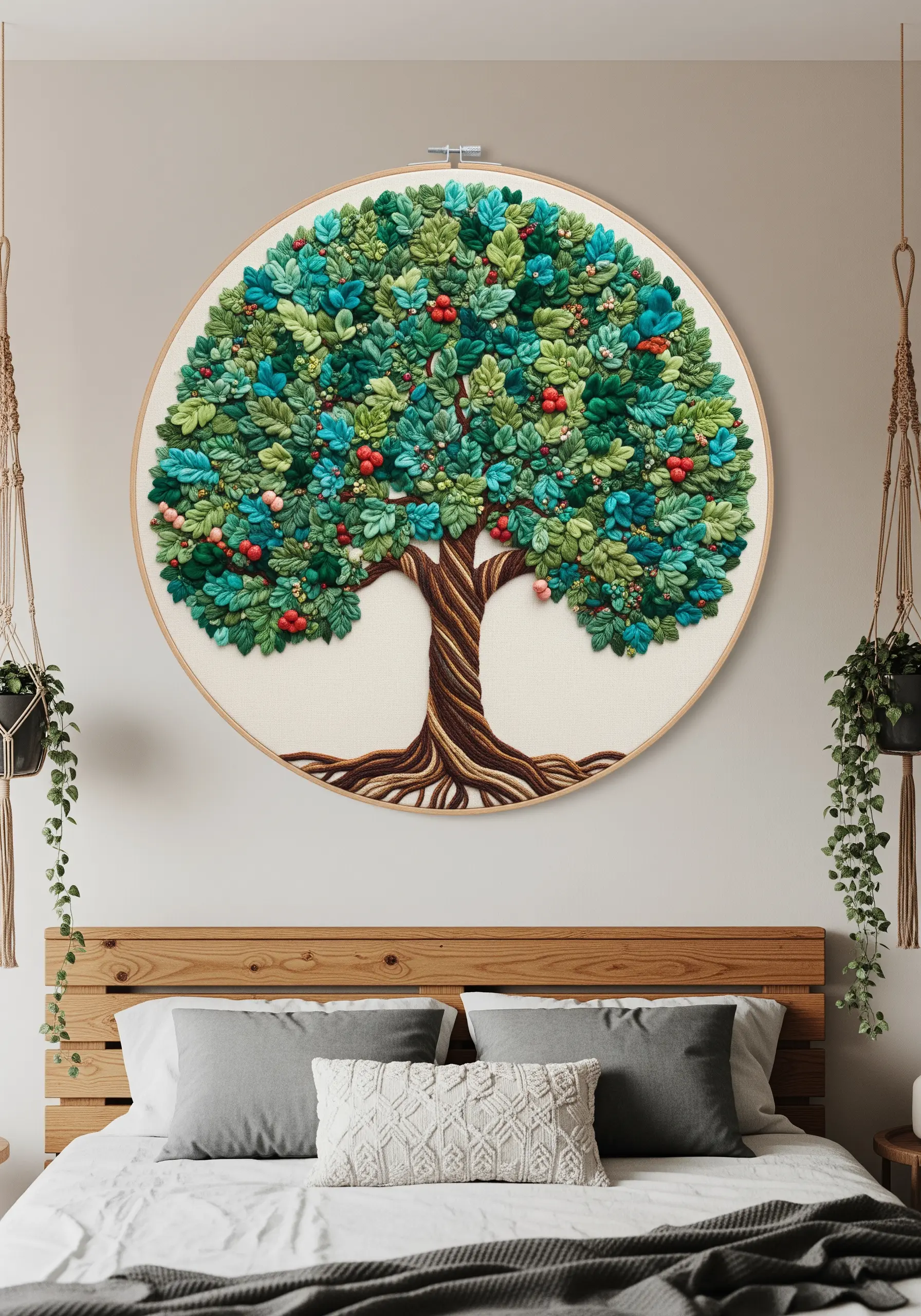 Oversized hoop art of a tree with highly textured, 3D leaves and berries.