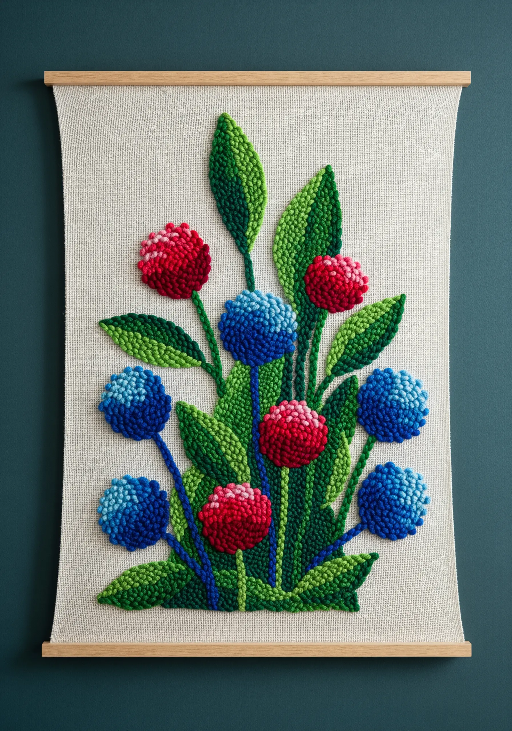 Punch needle art of red, blue, and pink flowers with green leaves on a canvas.