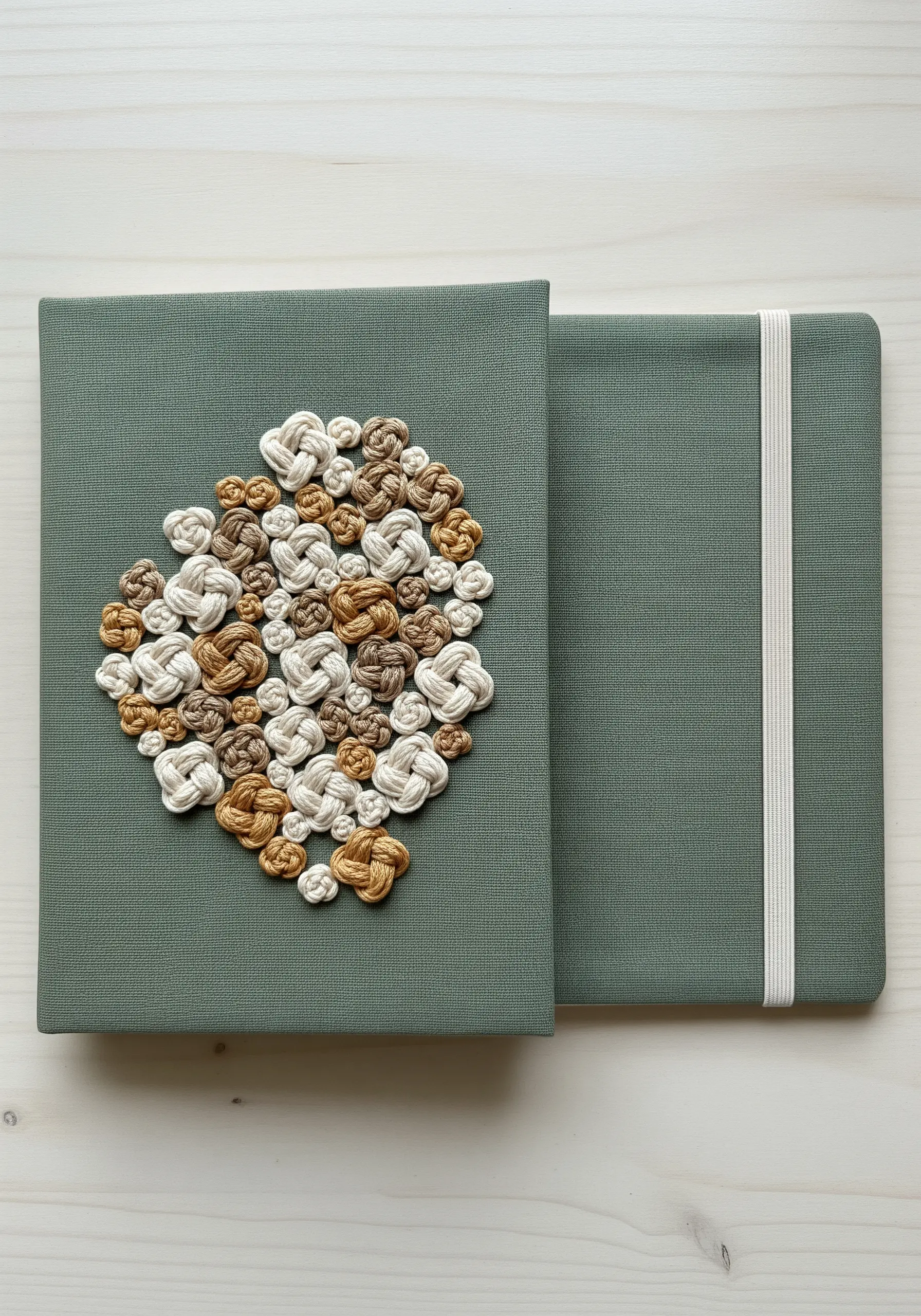 A collection of small, woven decorative knots in neutral tones on a green journal cover.