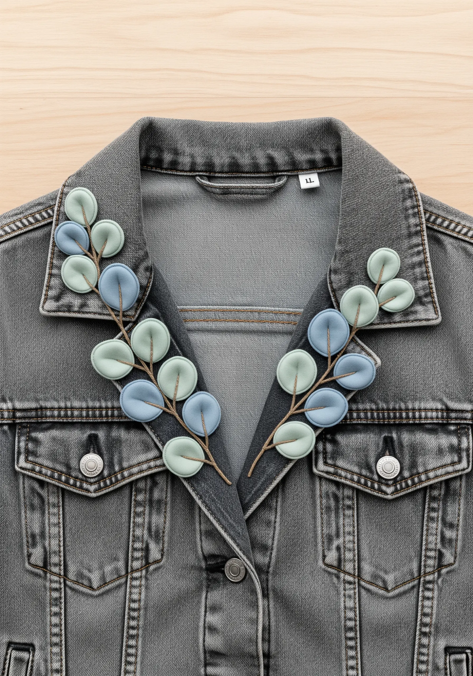 3D padded eucalyptus leaves in blue and sage on a gray denim jacket collar.