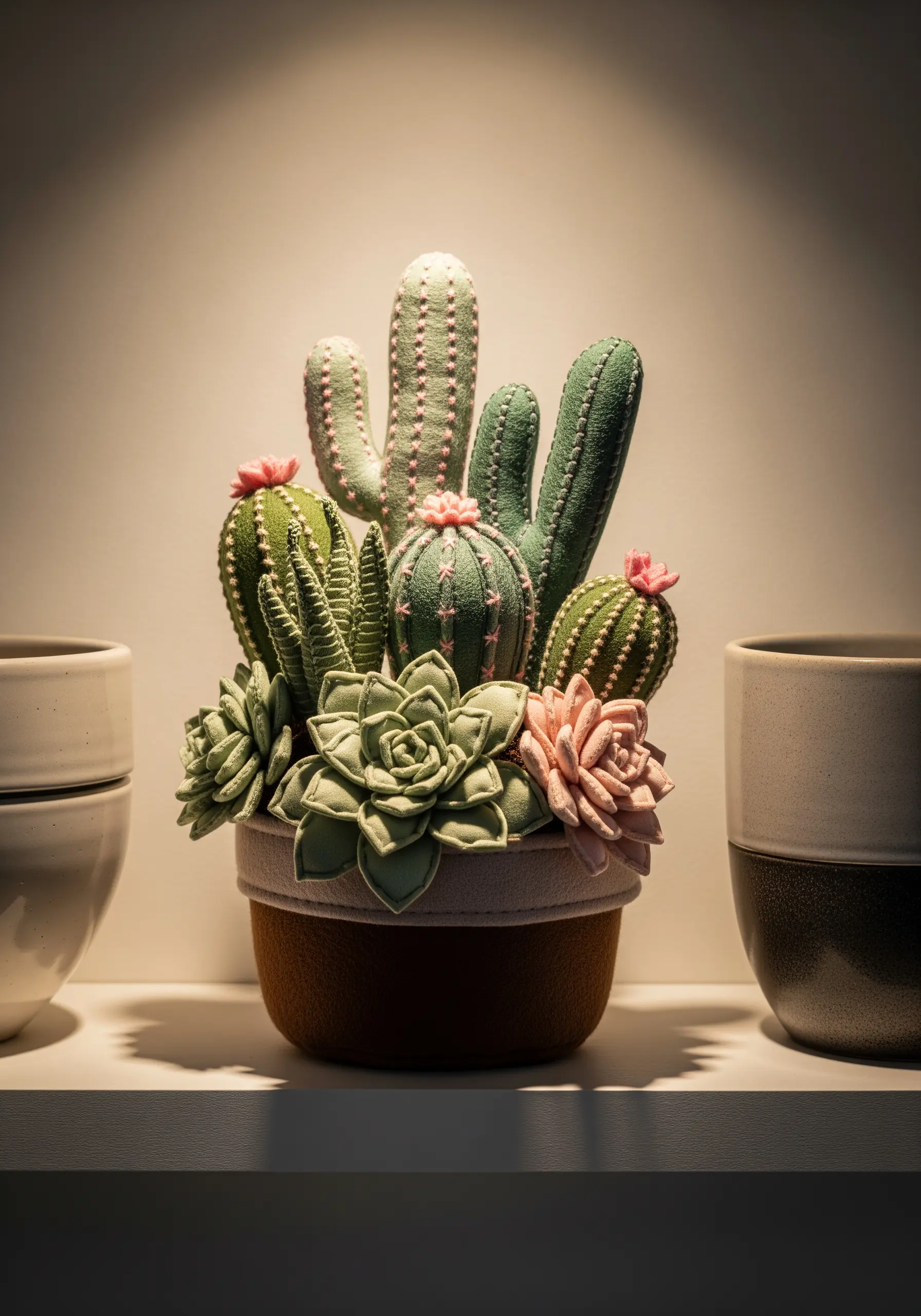 A collection of handmade felt cacti and succulents arranged in a small pot.