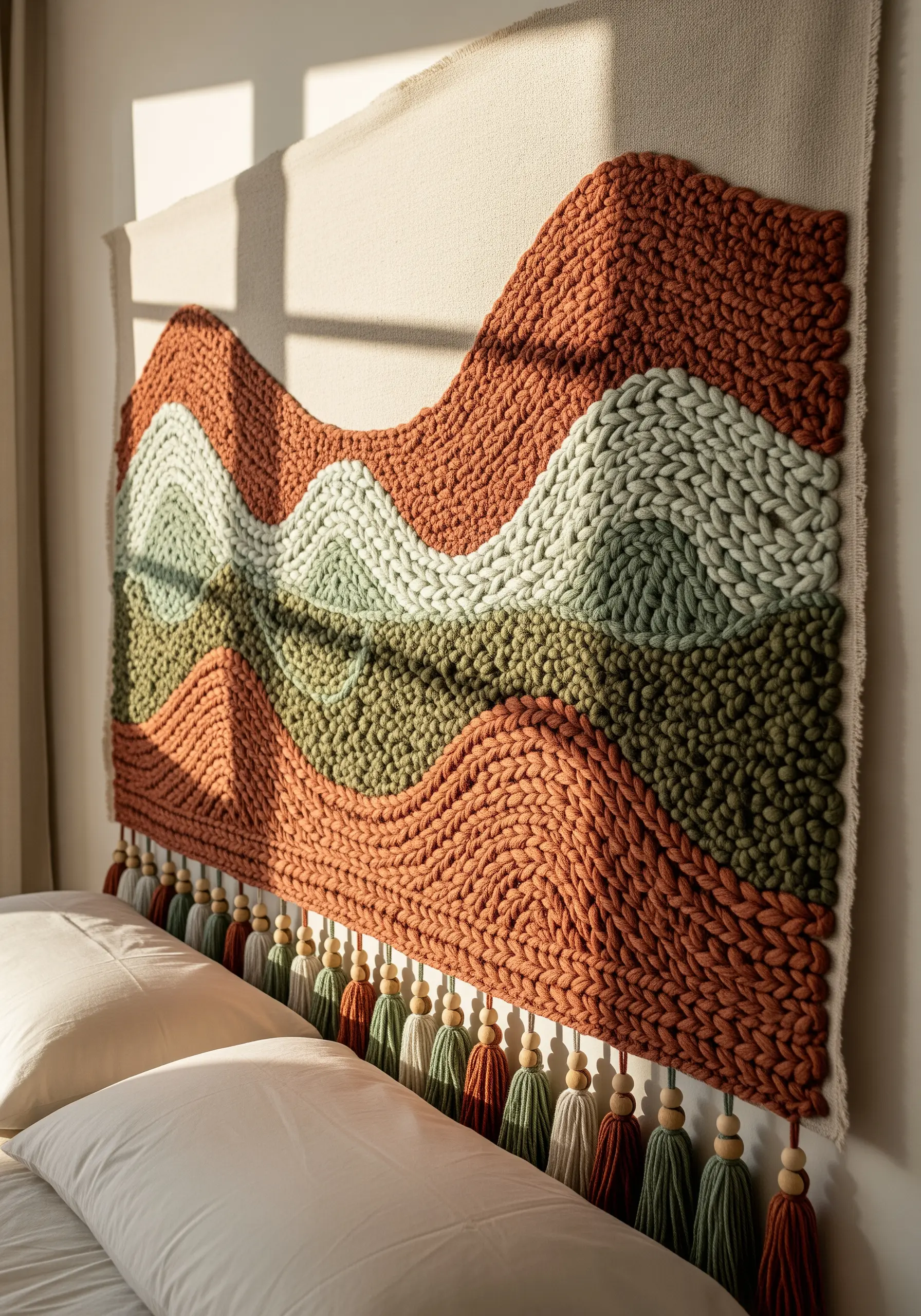 A large woven wall hanging with textural, wavy rows of color serving as a headboard.