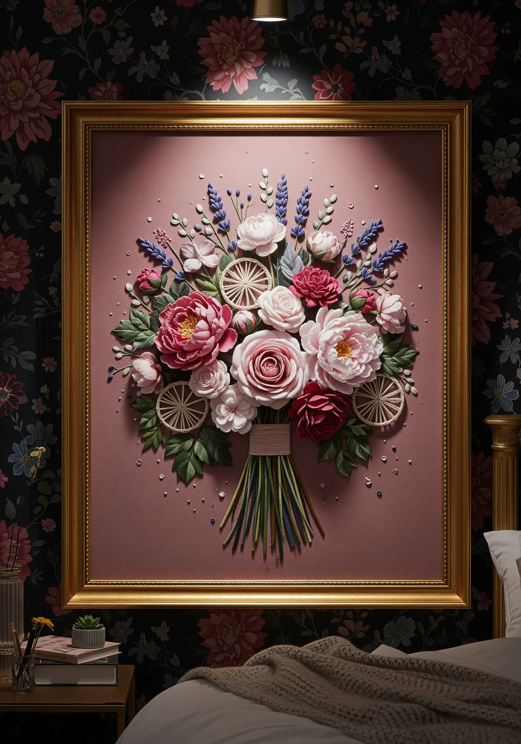A large, 3D embroidered bouquet with fabric roses and stumpwork elements in a gold frame.