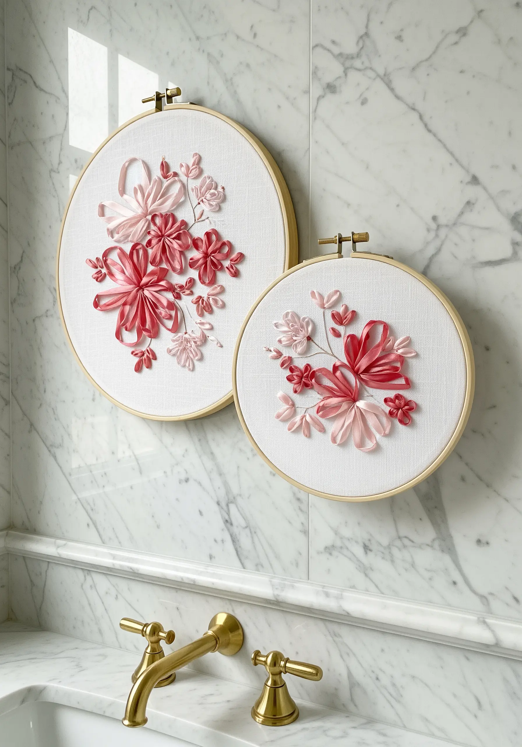 Two embroidery hoops with pink and red silk ribbon embroidery creating 3D floral arrangements.