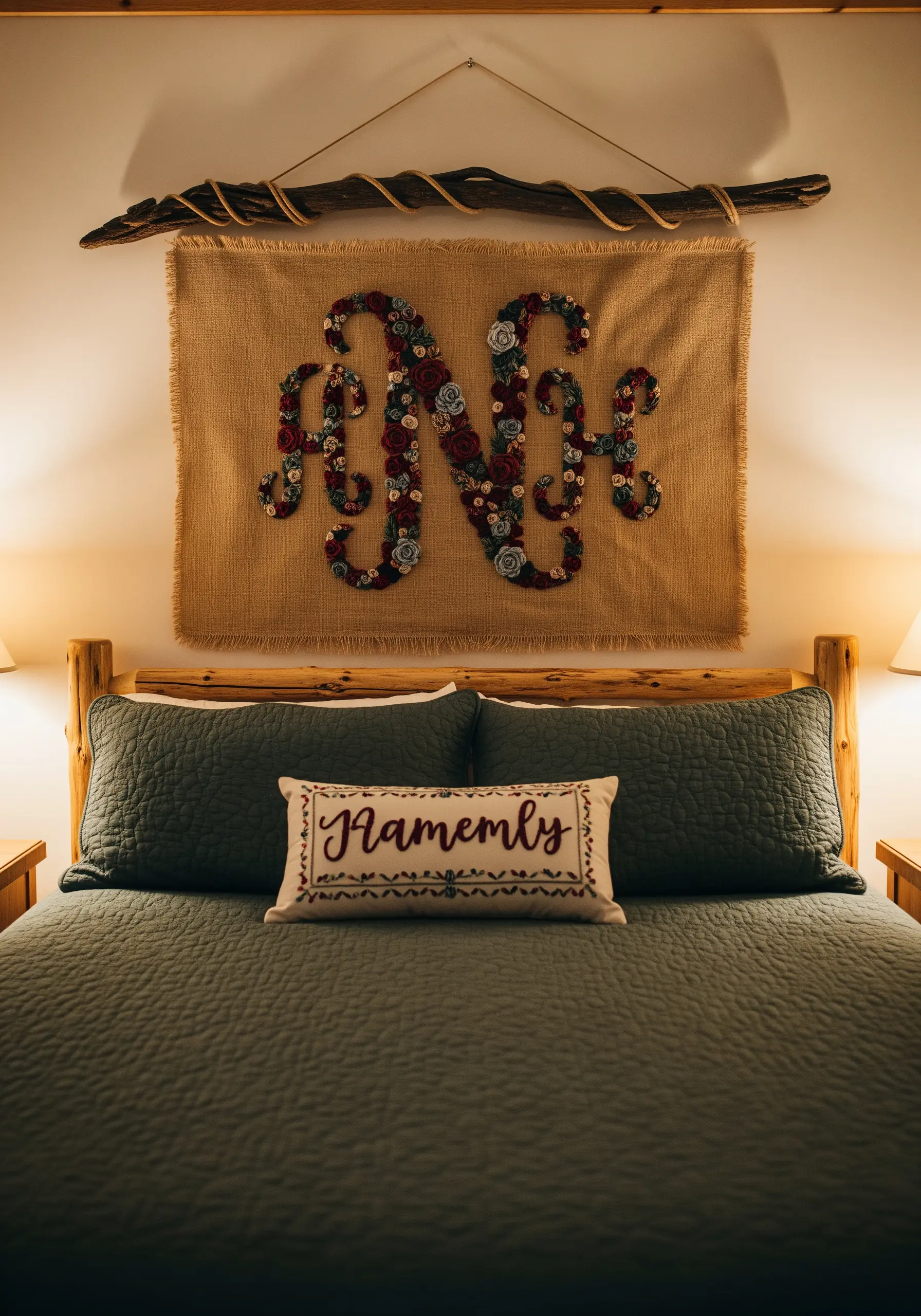 A large floral monogram made with dimensional, textured stitches on a burlap wall hanging.