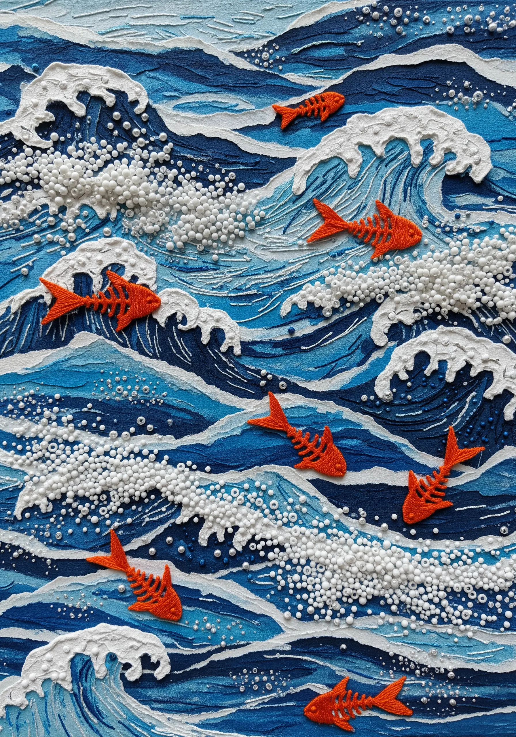 Embroidered ocean scene with orange fish, with white foam beads used to create textured waves.