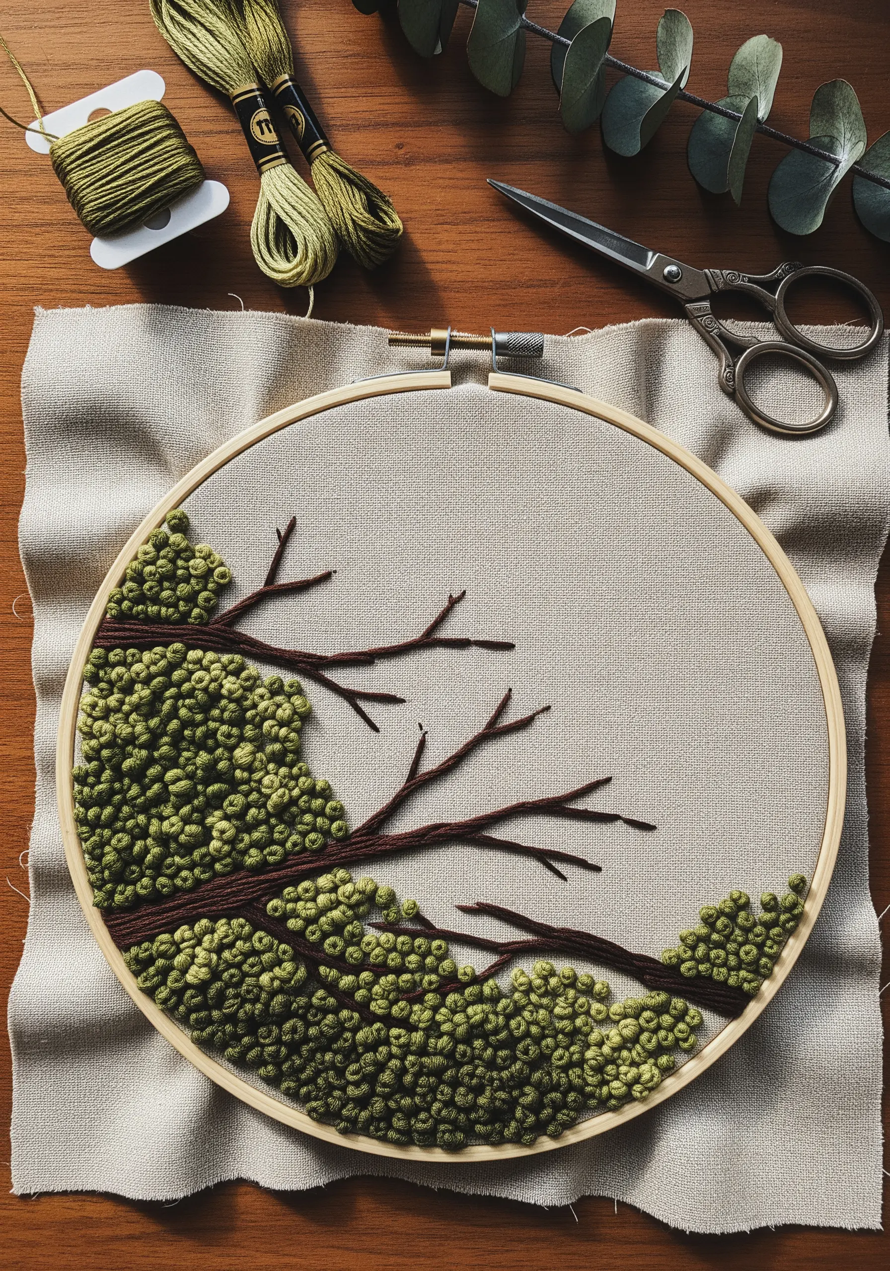 Tree branches with dense olive green French knot foliage in a hoop.