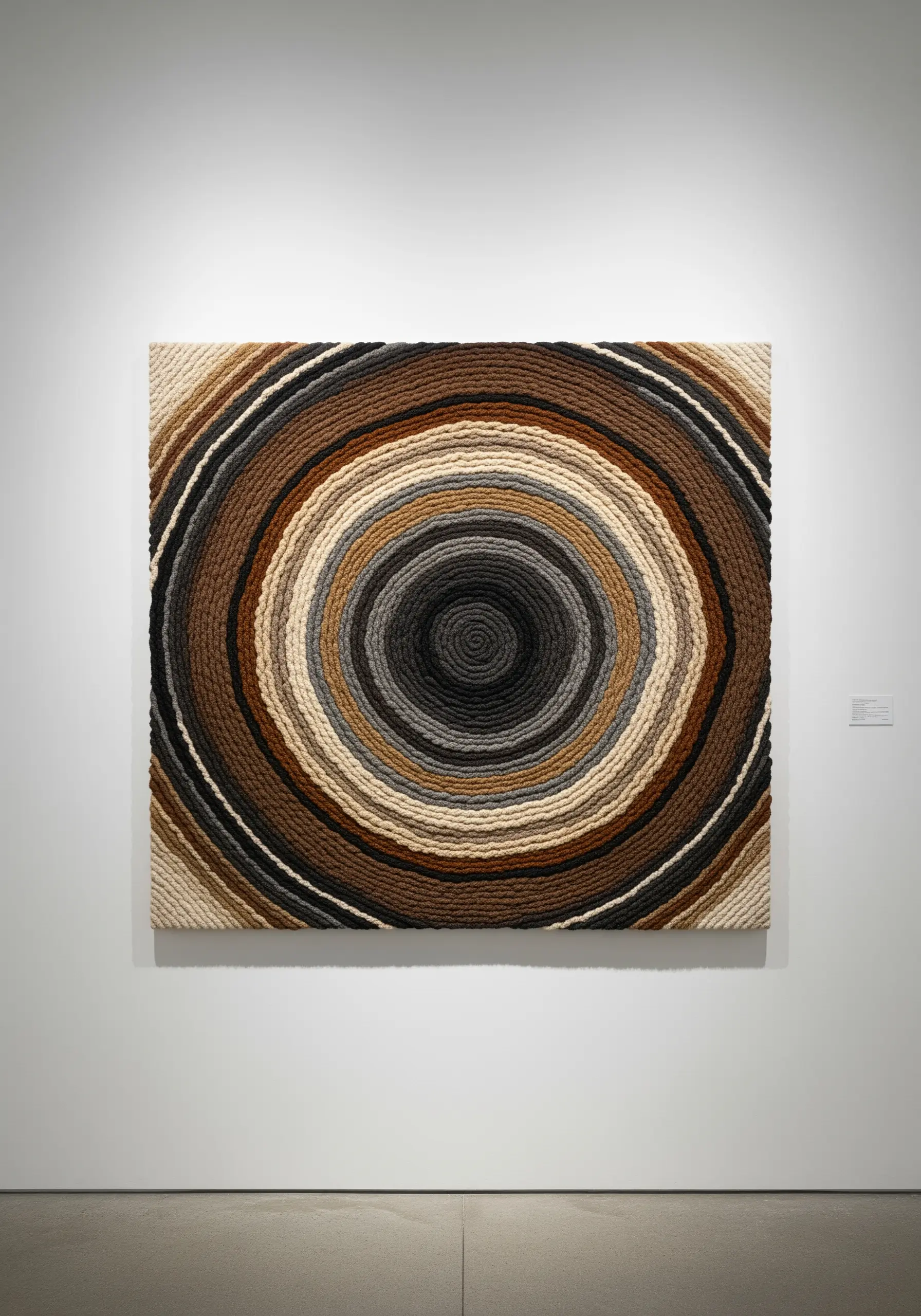 Large square fiber art piece with coiled yarn in concentric circles of neutral tones.