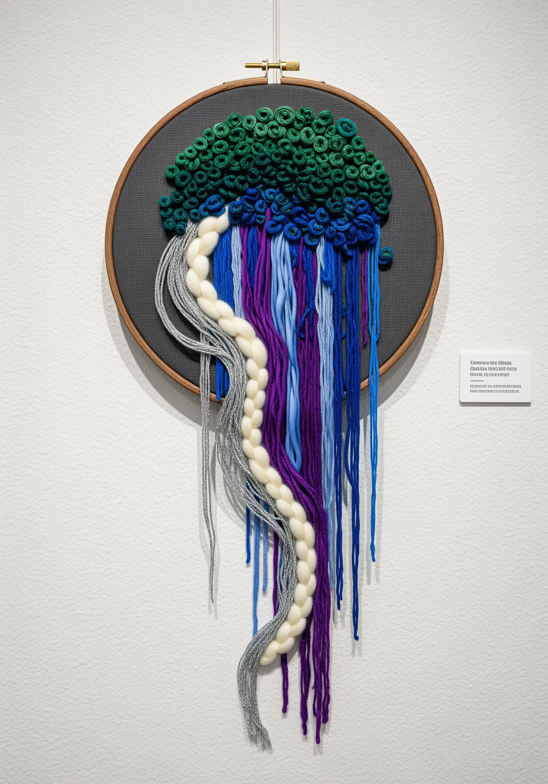 3D abstract embroidery of a jellyfish using mixed fibers like yarn, floss, and metallic thread.
