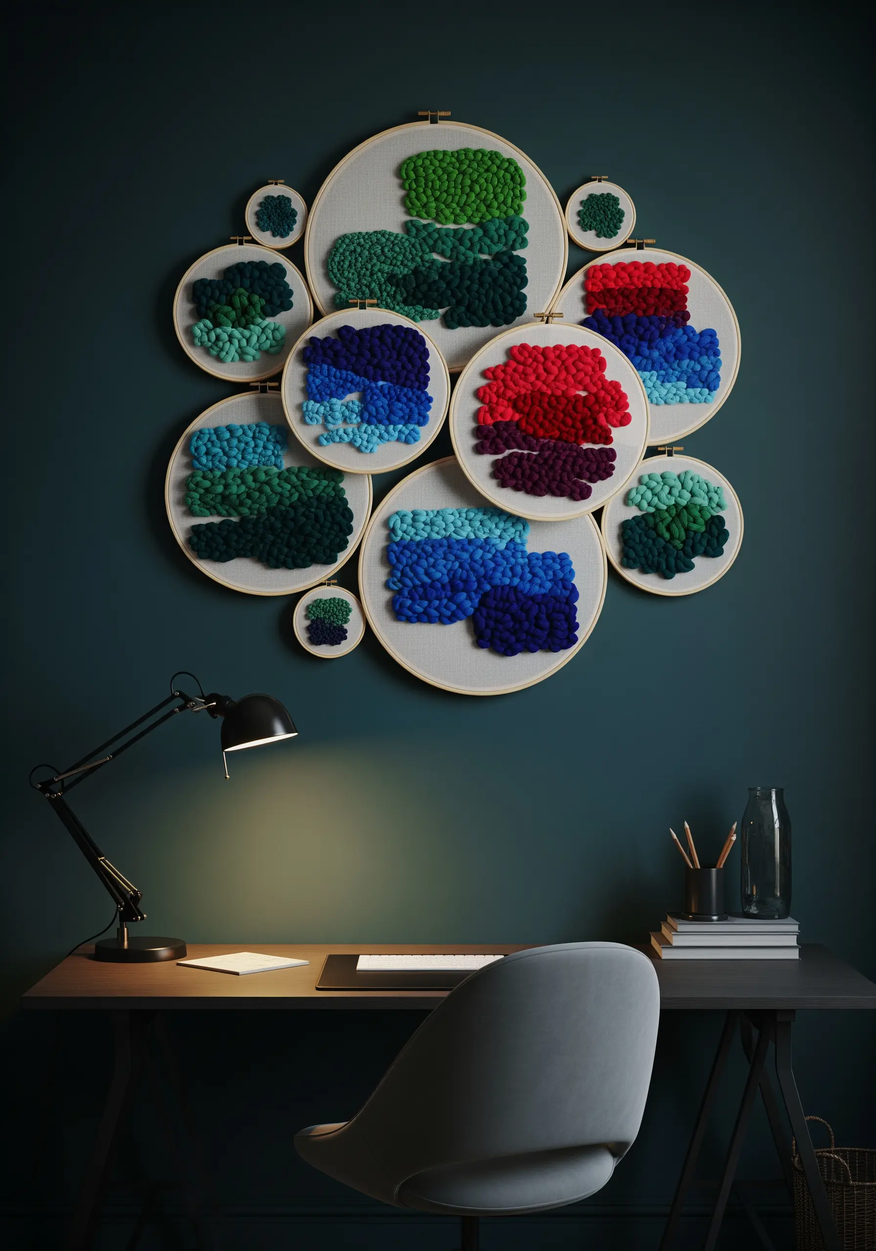 A collection of embroidery hoops with colorful, textured punch needle art in abstract shapes.