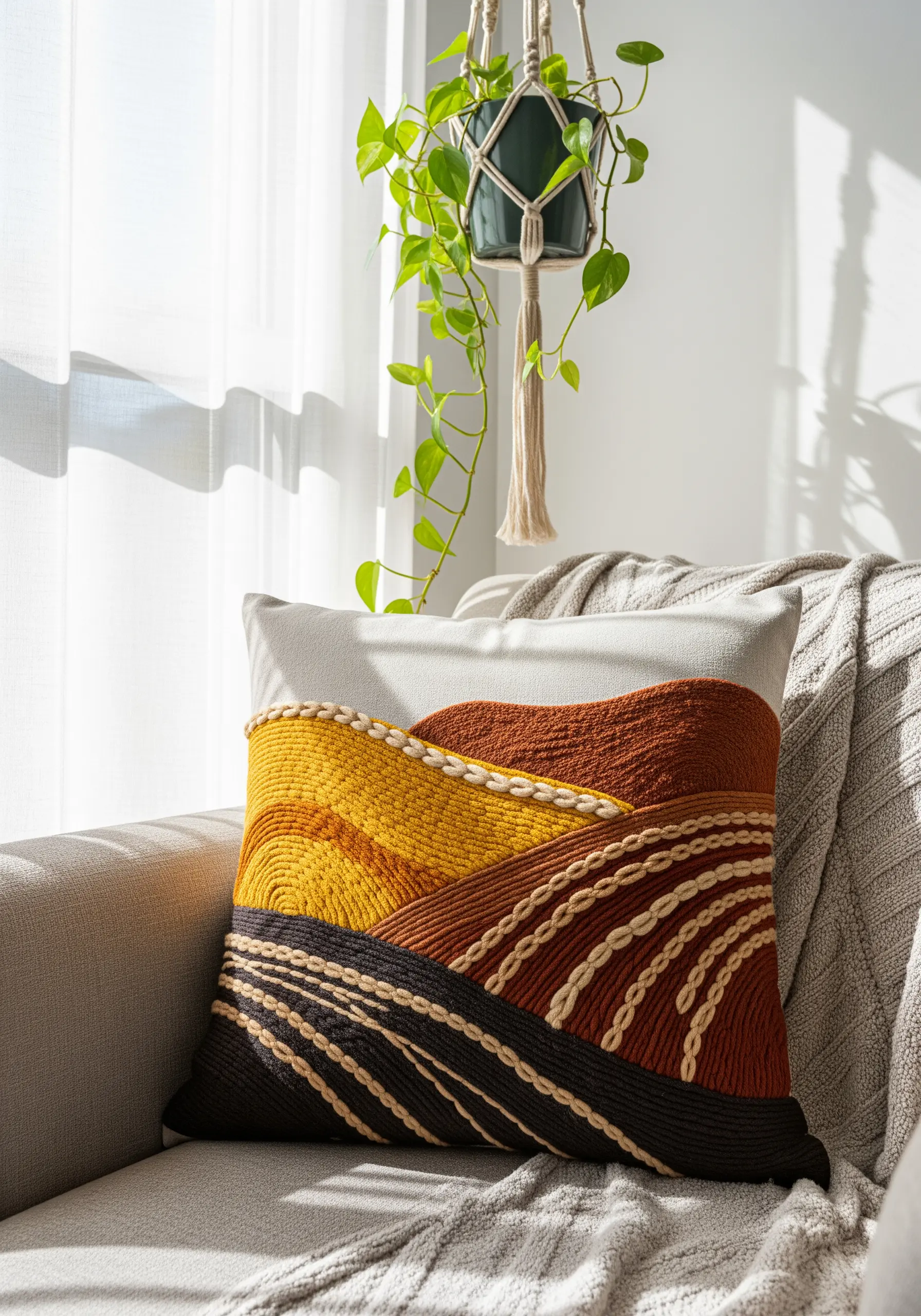 Pillow with a textural abstract landscape created with couched thick yarn in earth tones.