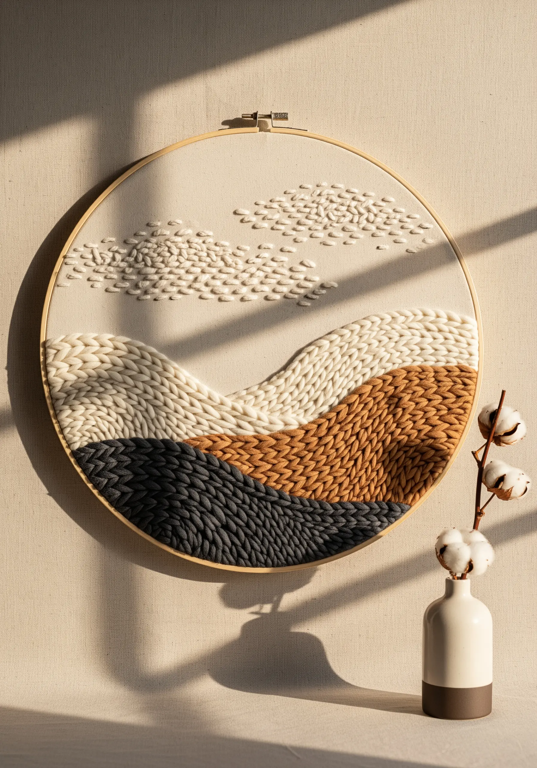 High-texture hoop art with couched yarn creating hills and clouds in neutral tones.