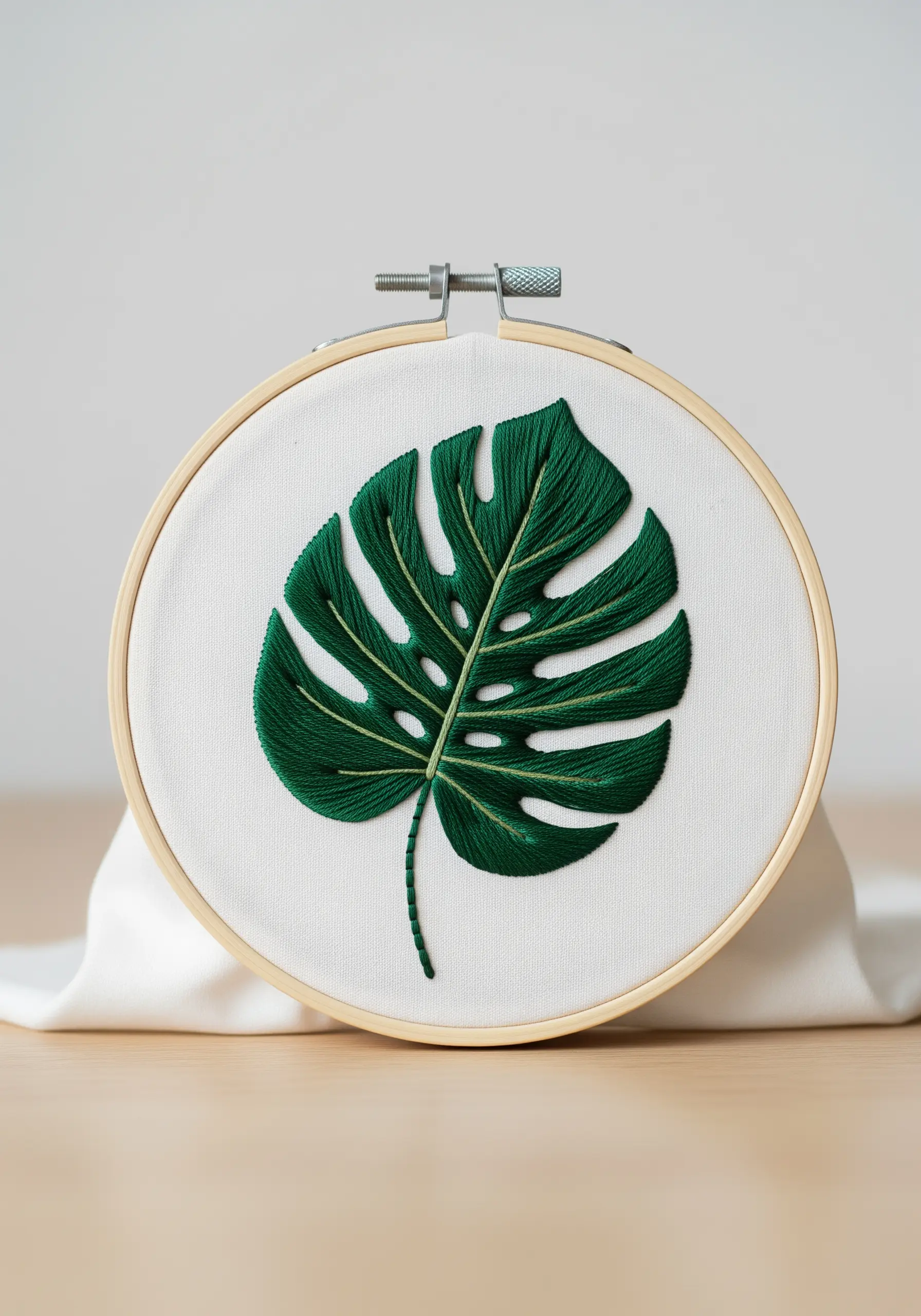 A satin-stitched dark green monstera leaf showing directional thread work.