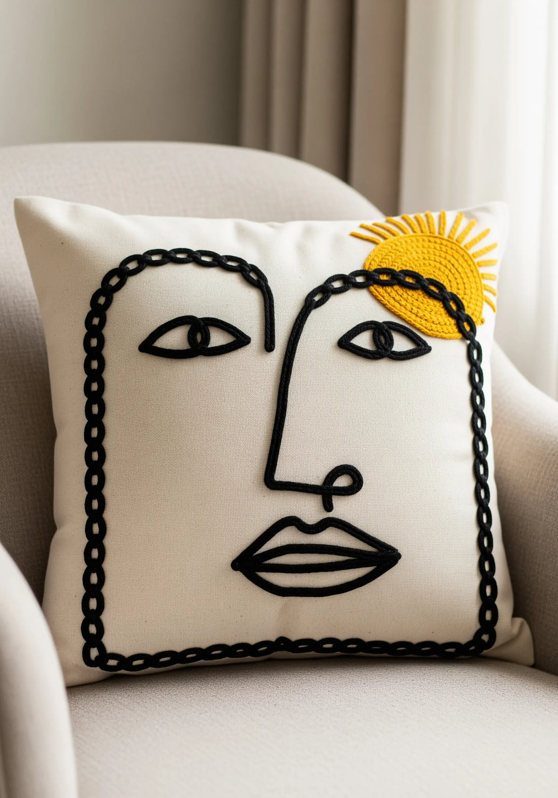 Abstract line art face on a cushion, created with thick black couched cord.