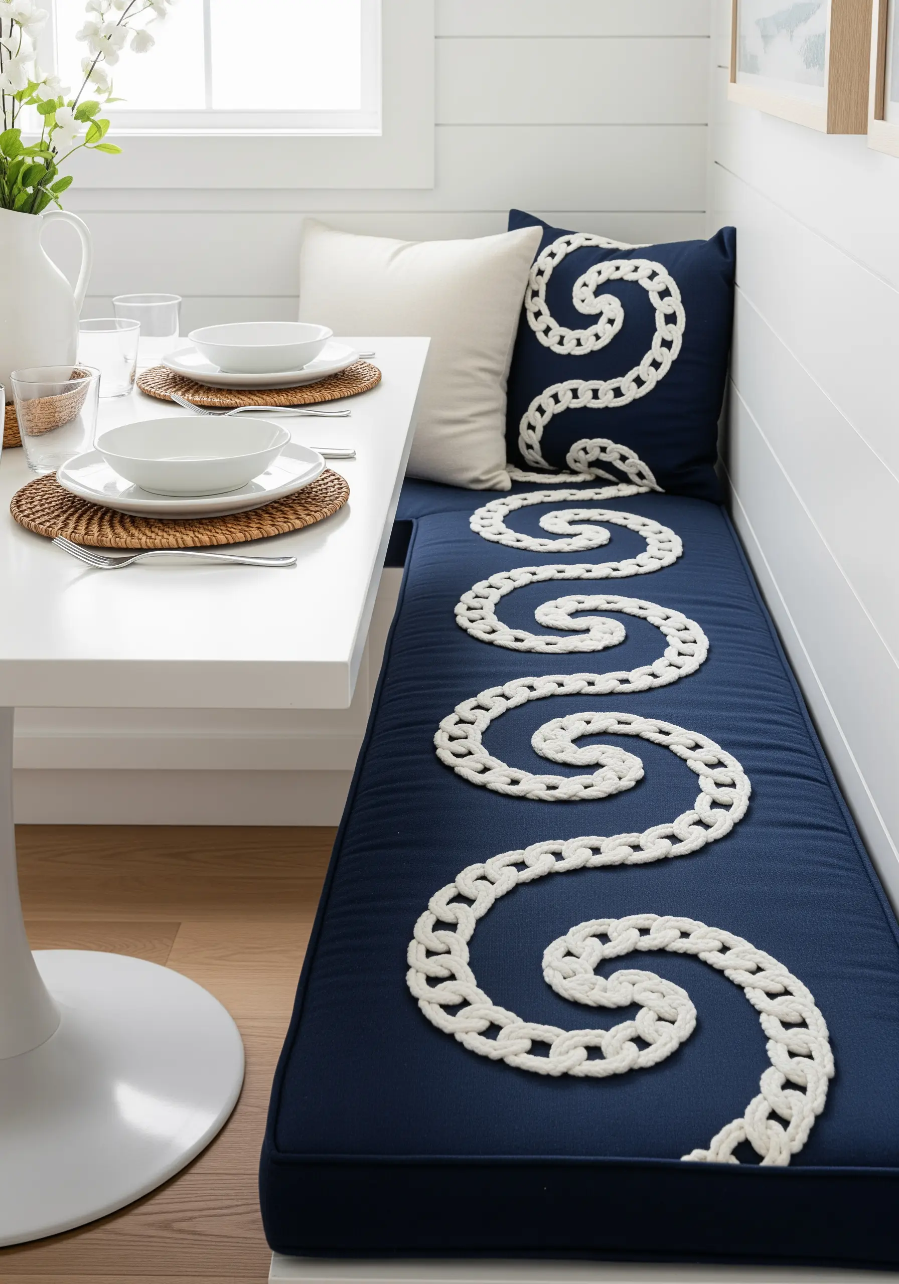 Thick white rope couched in a swirling pattern onto a navy blue bench cushion.