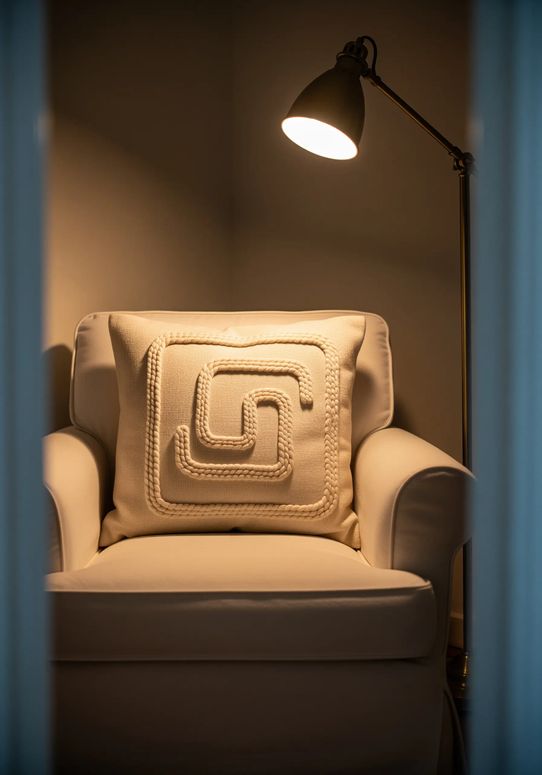 A thick, couched cord creates a bold geometric spiral on a white pillow.