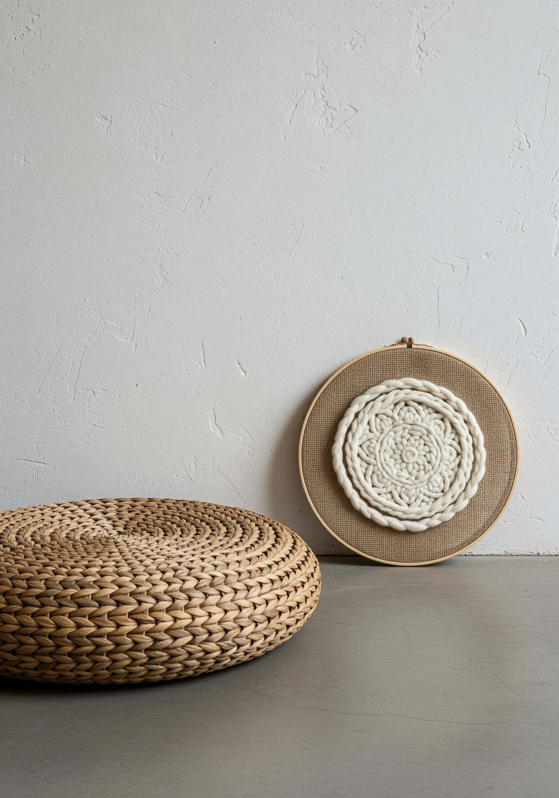A chunky white yarn mandala couched onto a burlap background in a hoop.