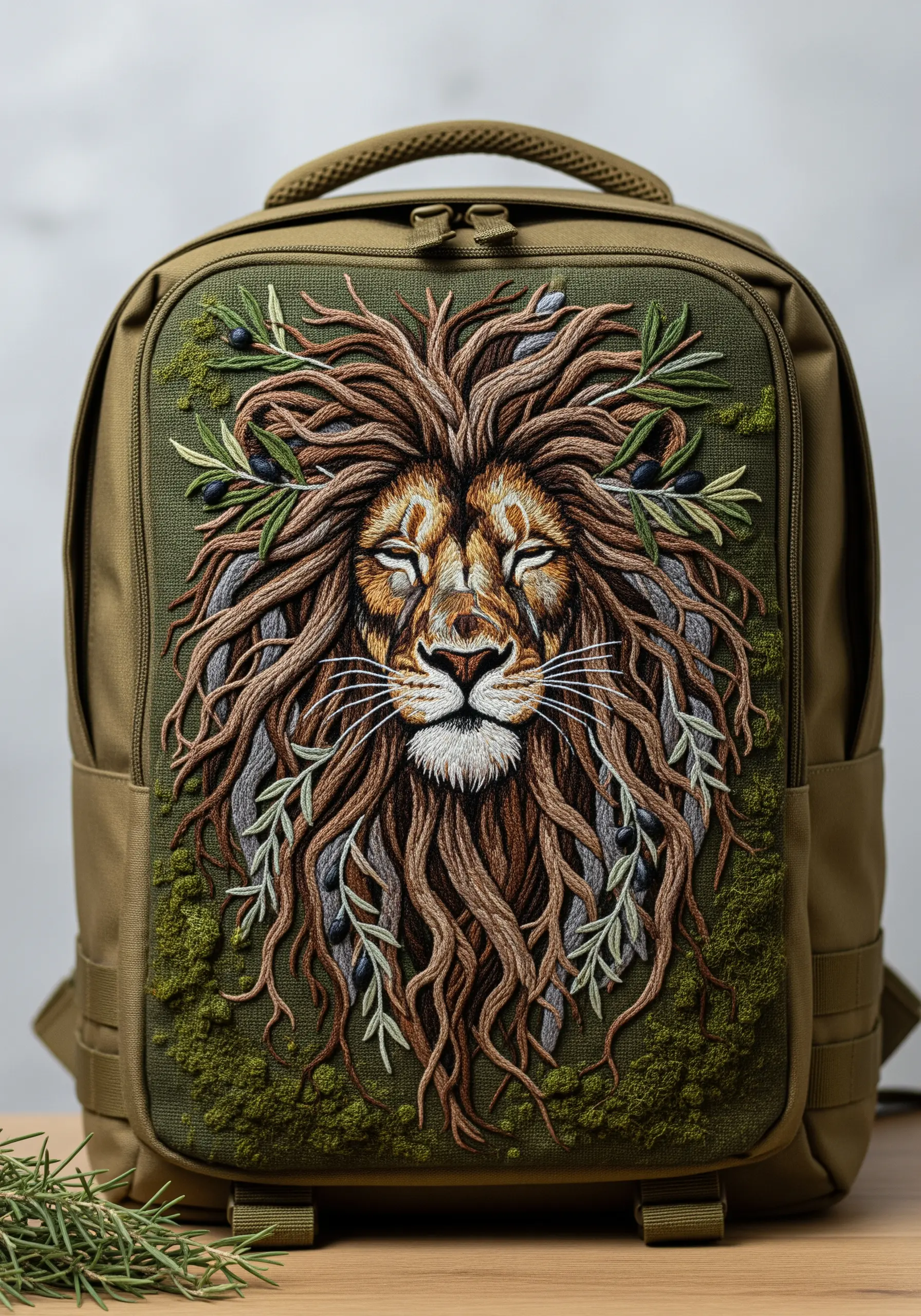 Highly textured embroidery of a lion with a 3D mane of yarn, moss, and leaves.