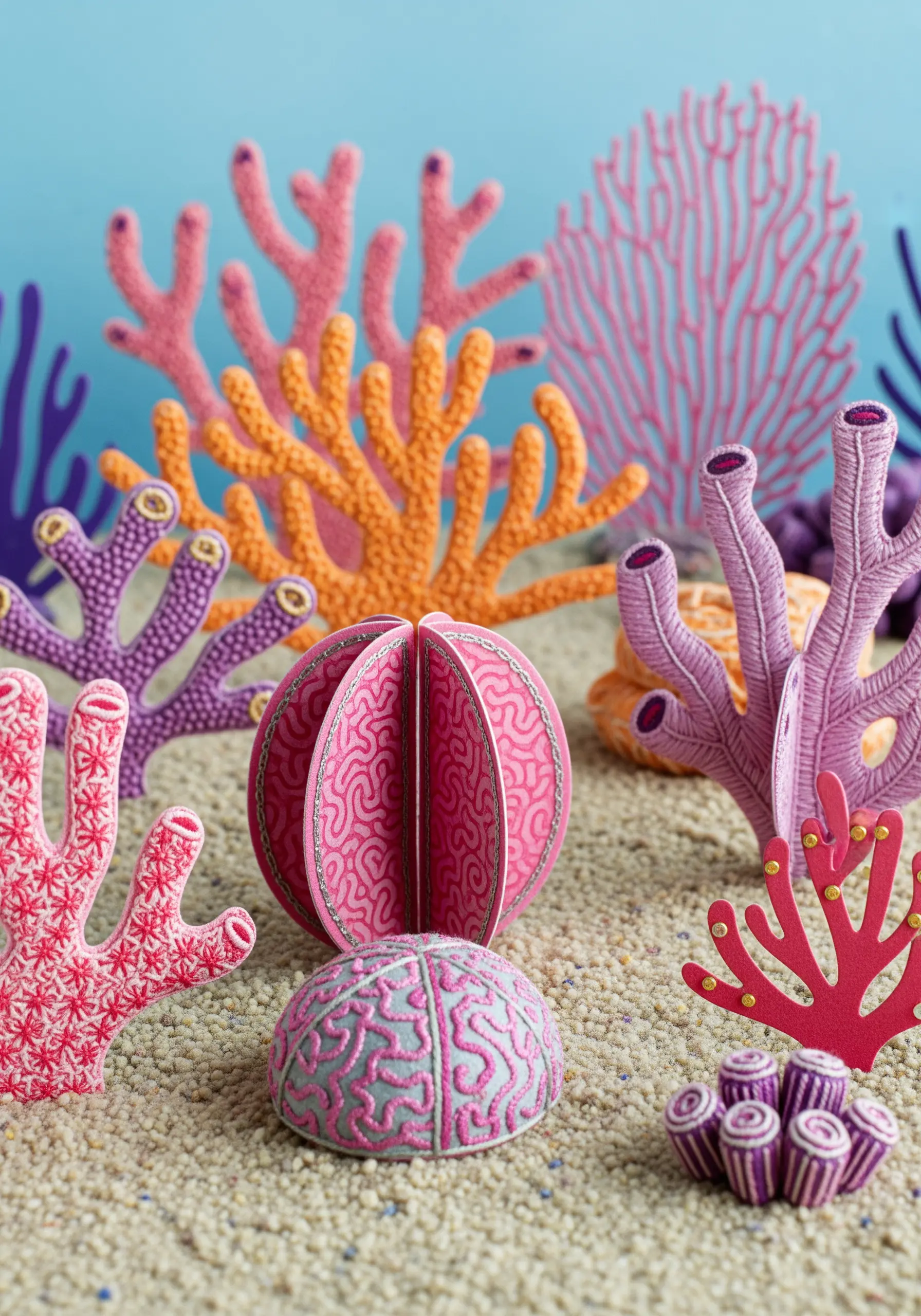 A 3D papercraft coral reef with various coral shapes detailed with hand embroidery.