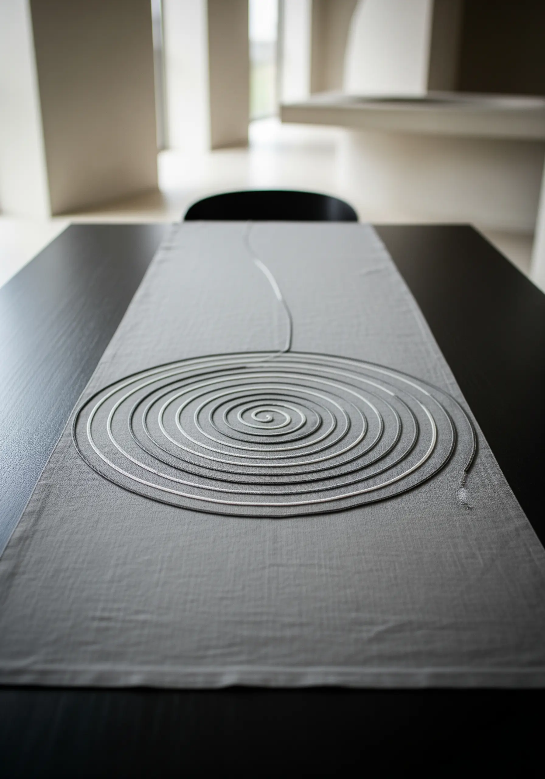 A large spiral made from a thick white cord couched onto a gray table runner