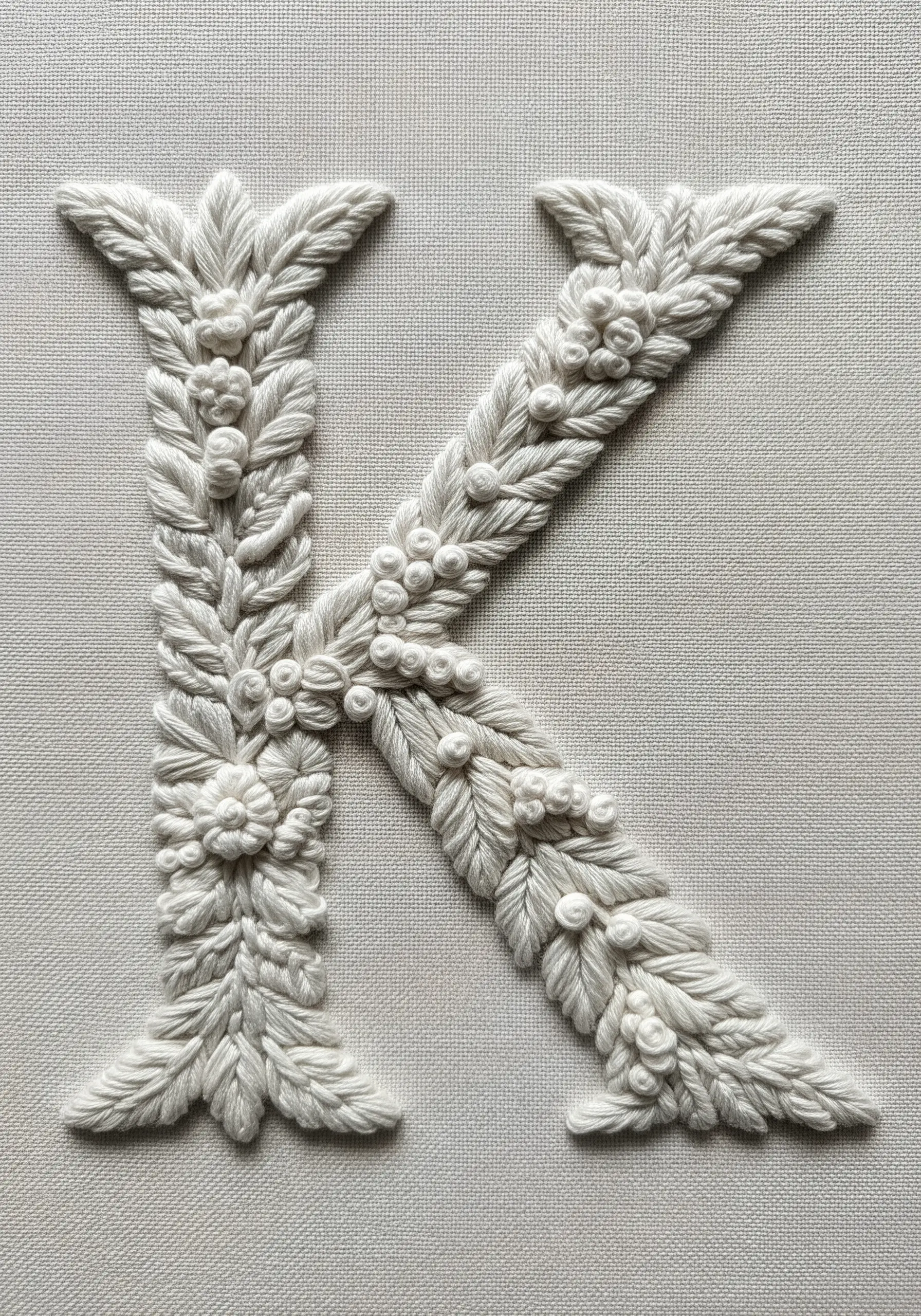 An all-white embroidered letter K with highly textured leaves, flowers, and berries.