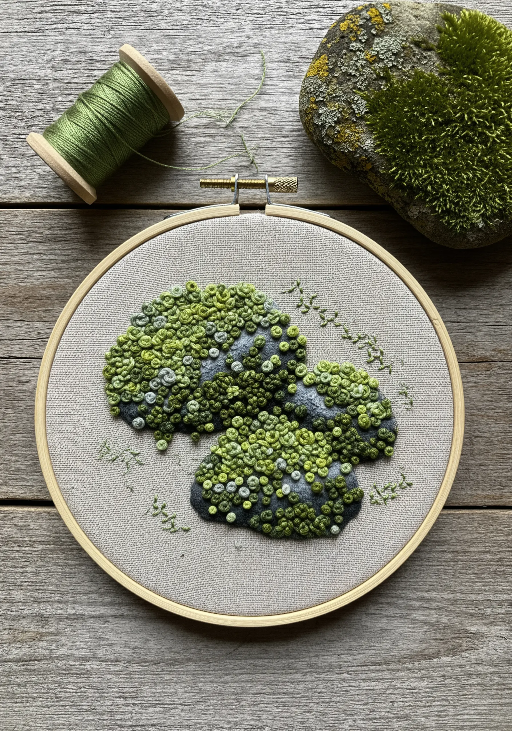 Hoop art featuring French knots in shades of green to create a mossy rock texture.