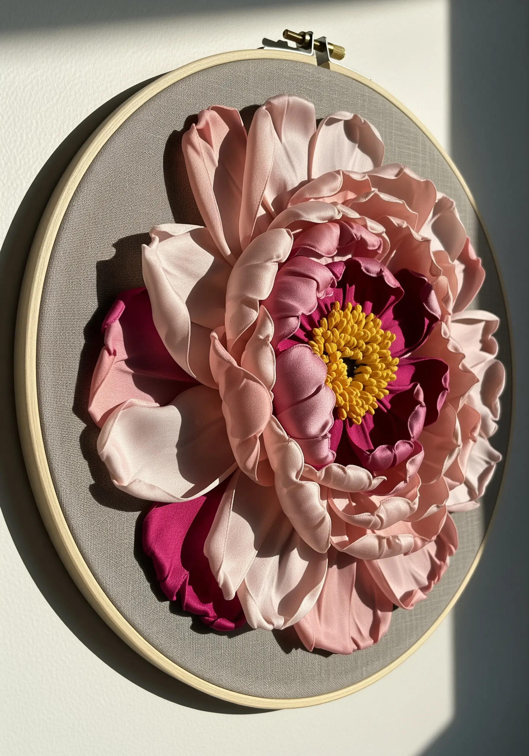 A large, three-dimensional ribbon embroidery peony with pink and magenta petals in a wooden hoop.