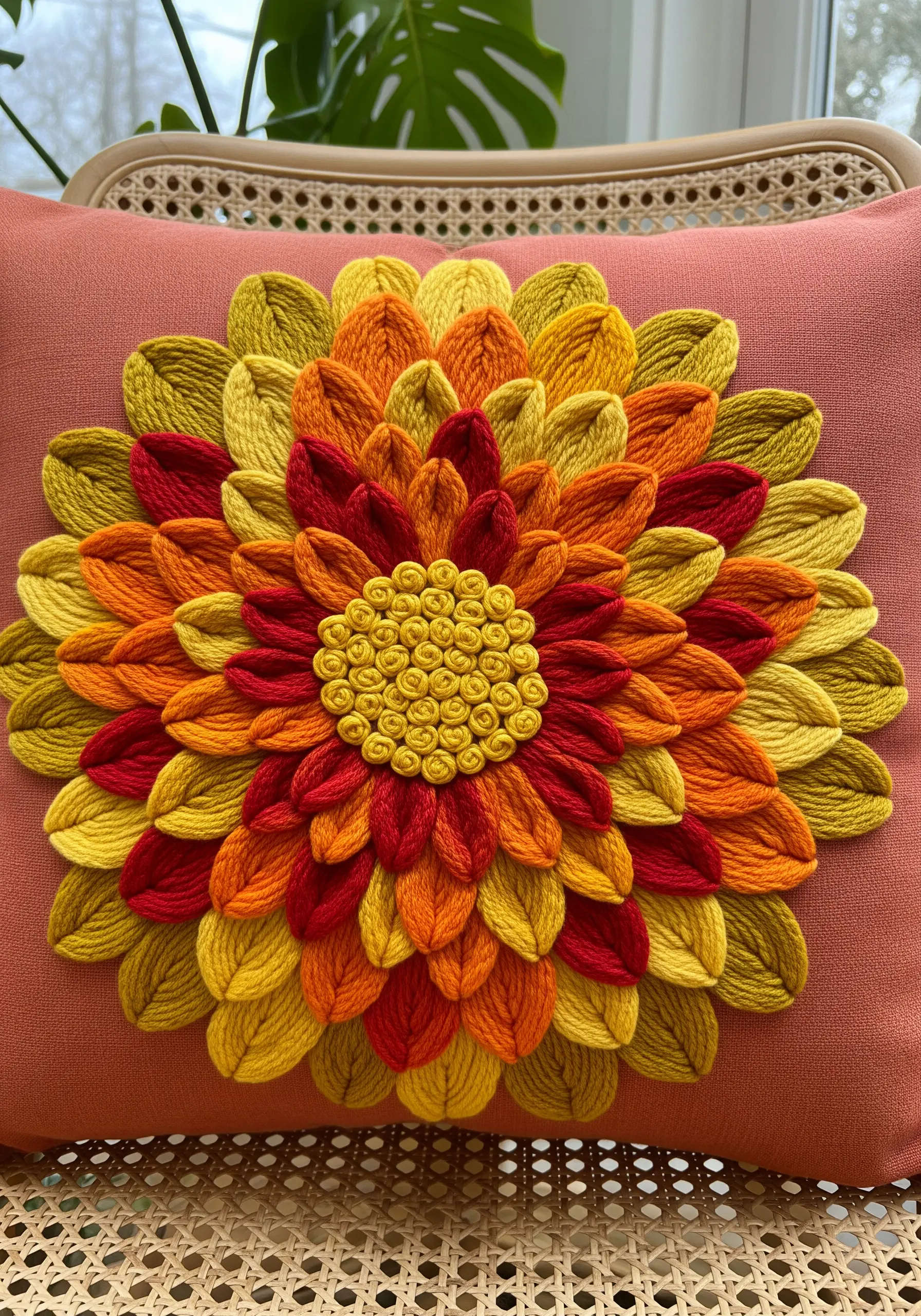 A large, 3D embroidered flower with layered orange, yellow, and red petals on a pink cushion.