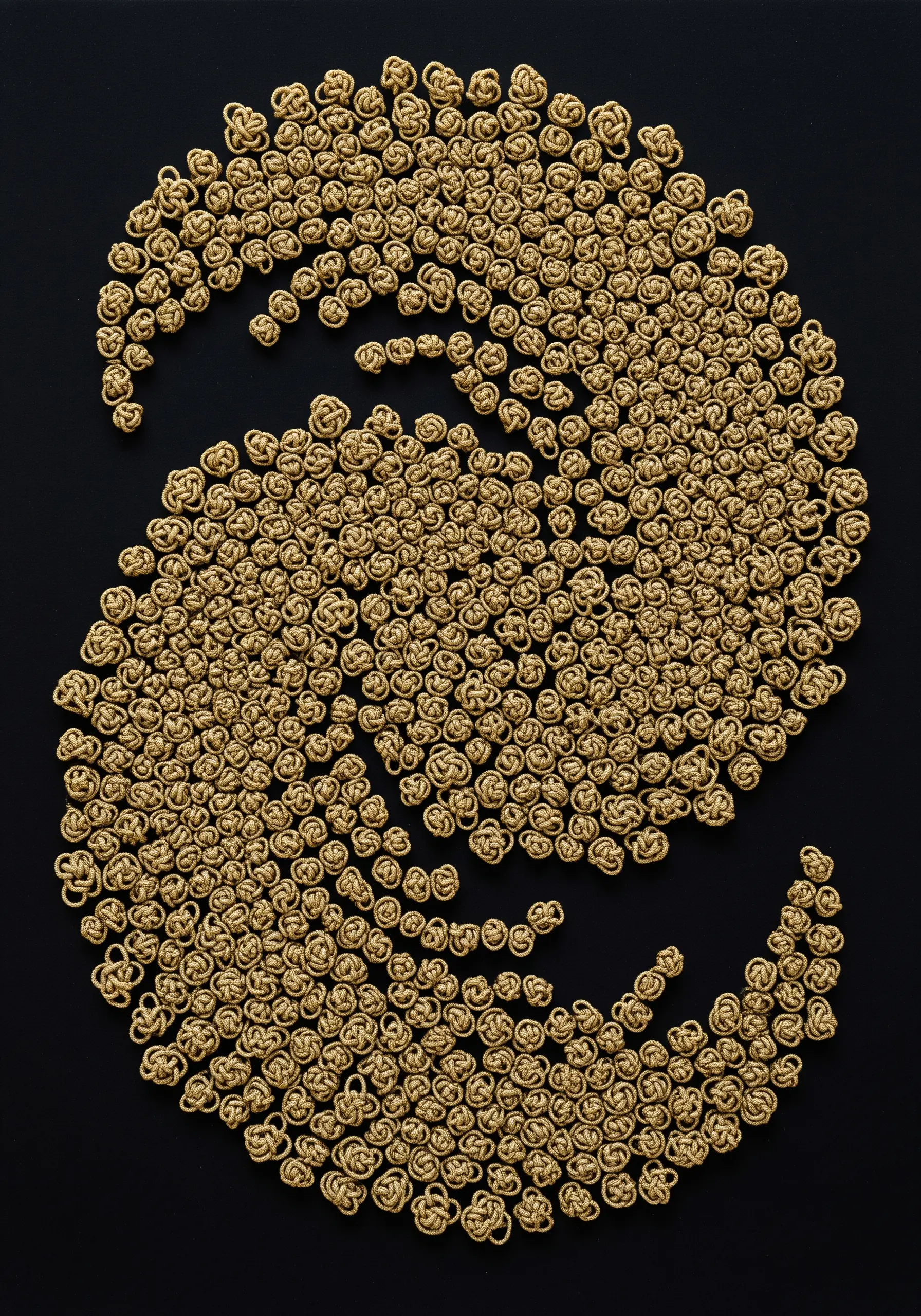 A swirling yin-yang shape filled completely with tiny, dense gold French knots.