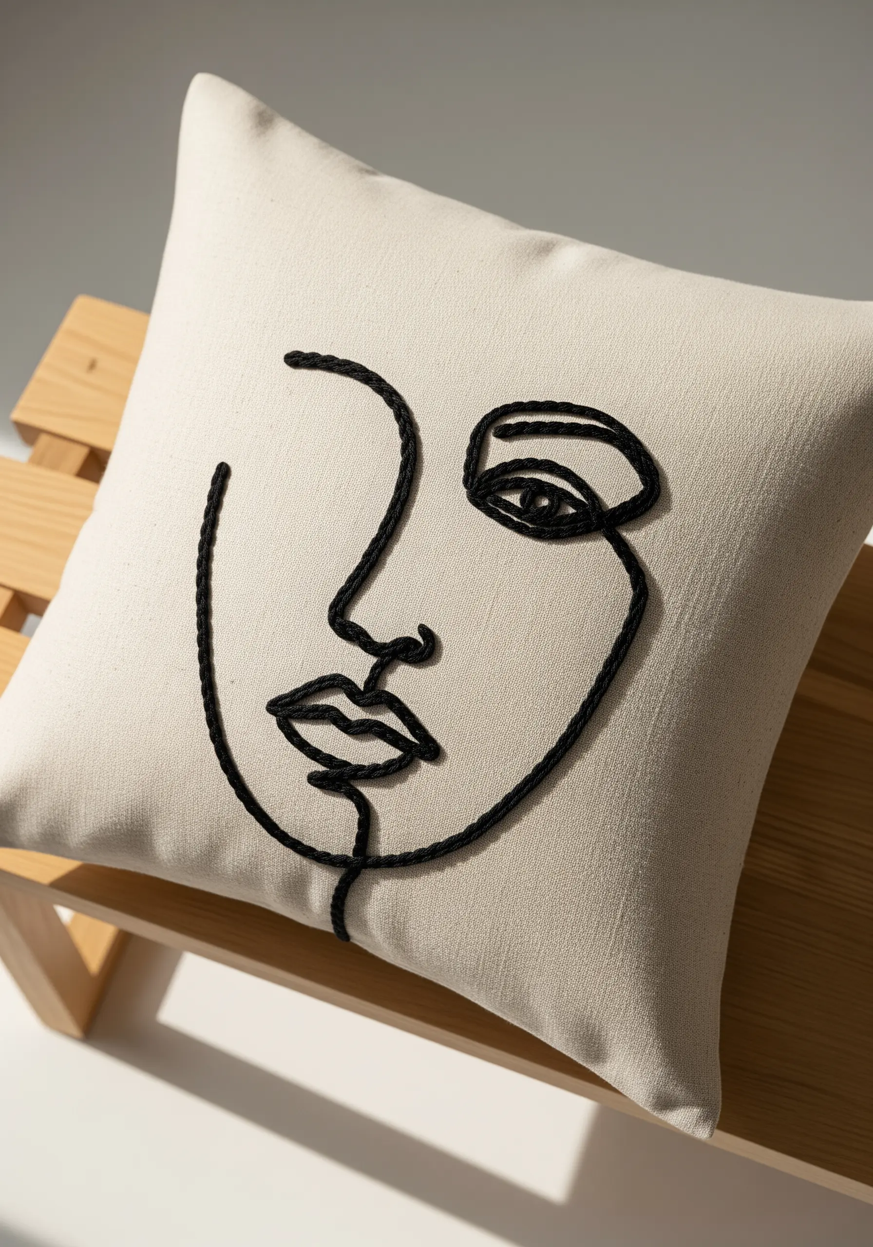 Abstract face embroidered with thick black yarn on a neutral cushion using a couching technique.