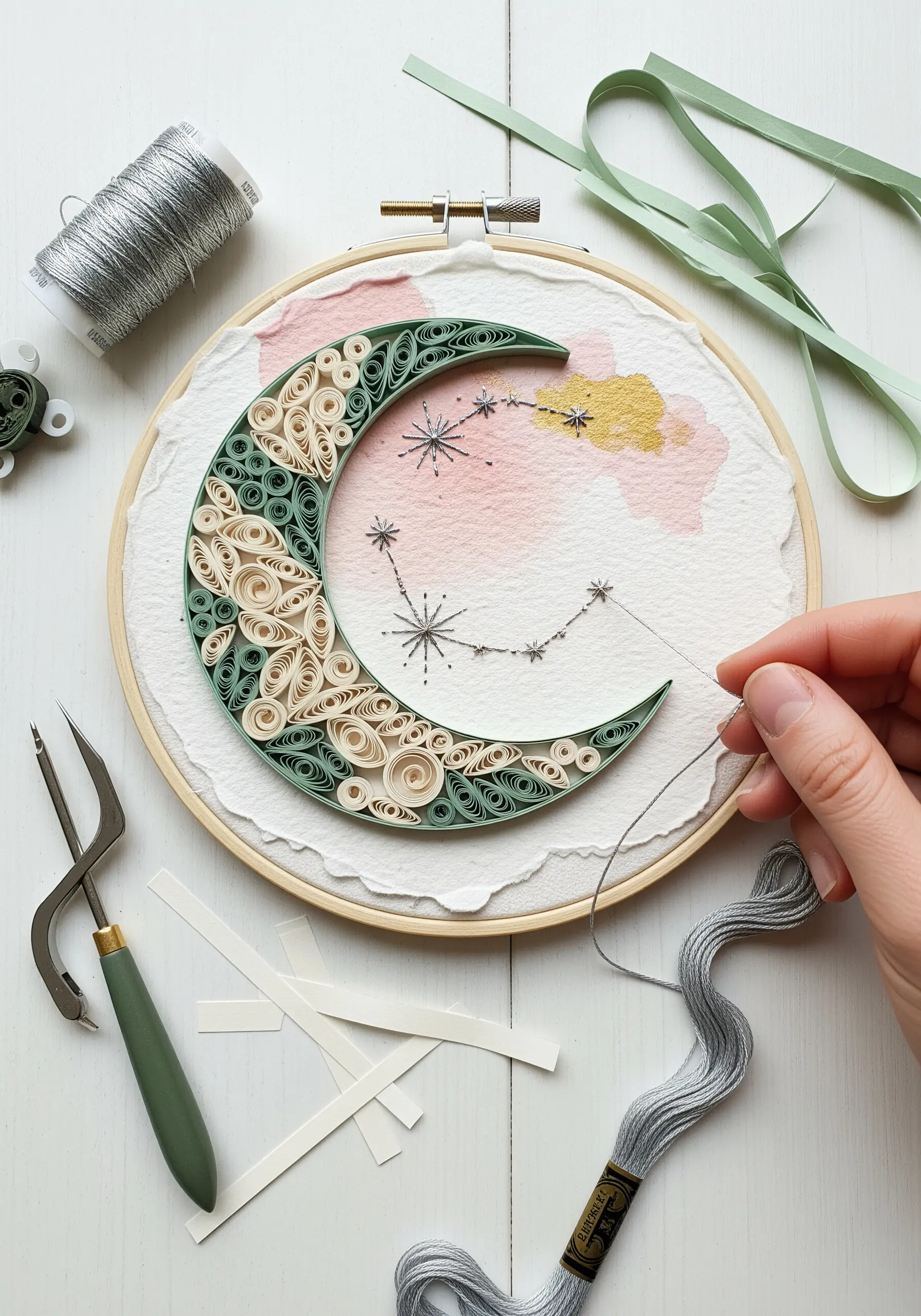 A crescent moon made of green and cream quilled paper with embroidered silver stars.