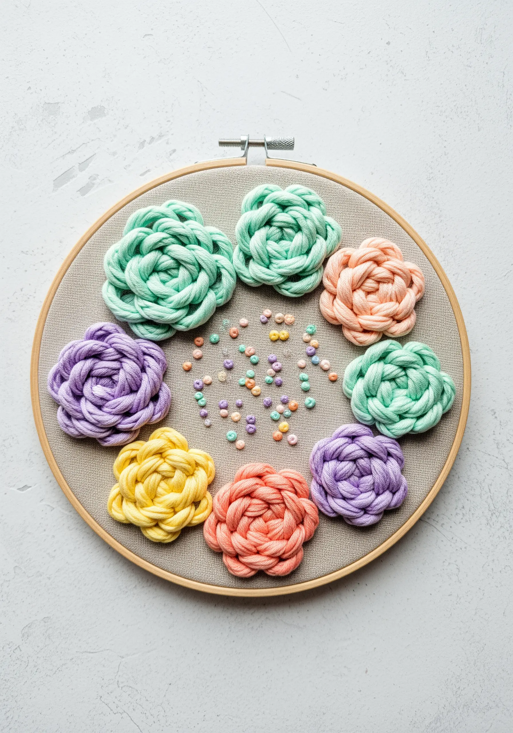 A hoop containing several large, three-dimensional flowers made from pastel-colored braided rope.