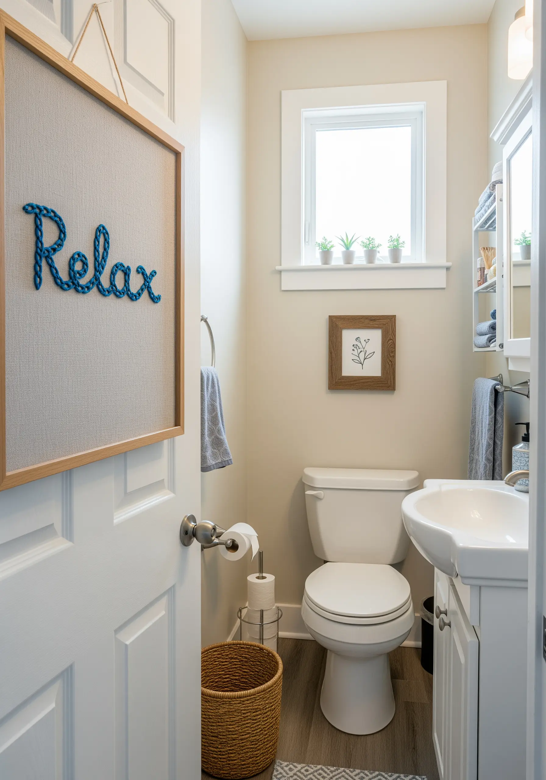 The word 'Relax' created with thick blue rope couched onto a linen panel.