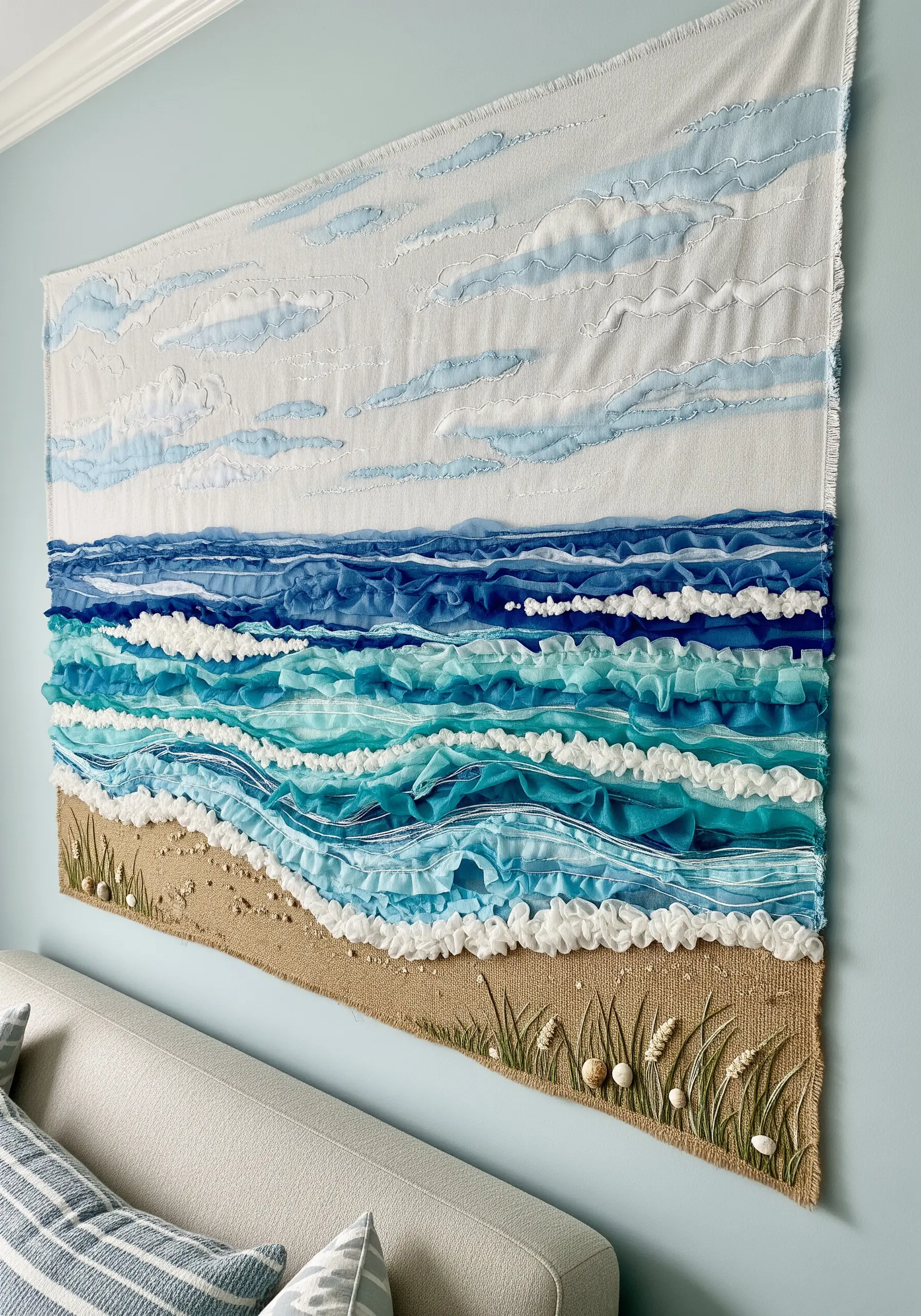 A 3D seascape wall hanging with ruffled fabric waves and a burlap sand shore.