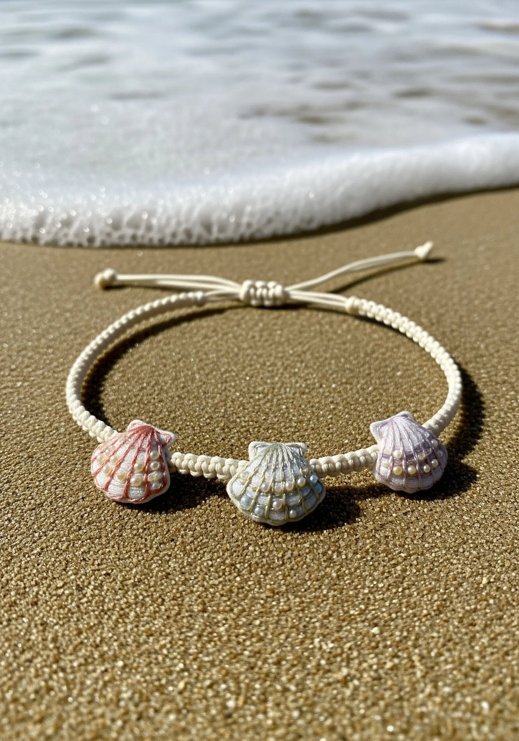 A macrame bracelet with three-dimensional, embroidered pastel-colored seashells as charms.