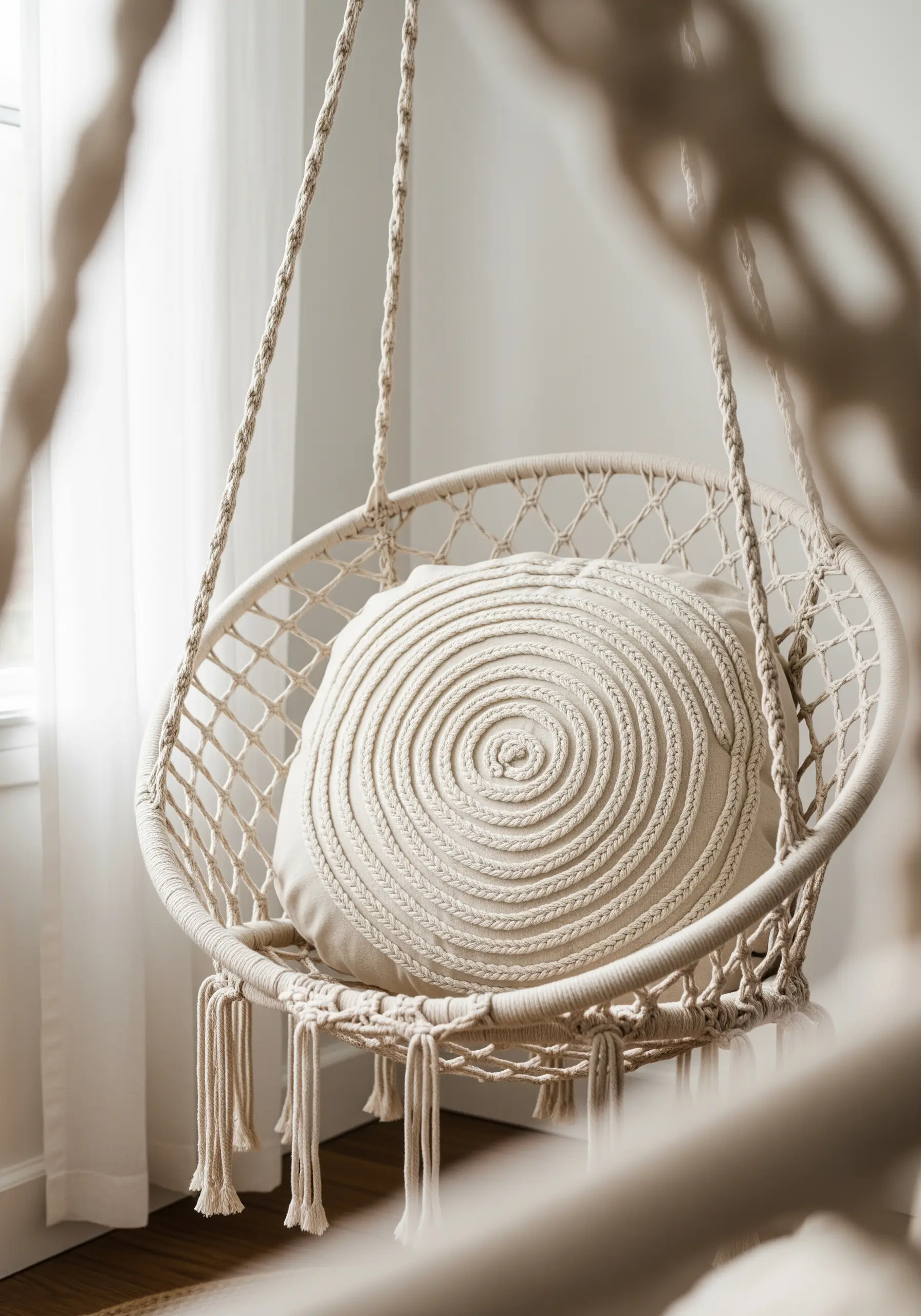A round pillow with concentric circles of a thick, braided stitch.