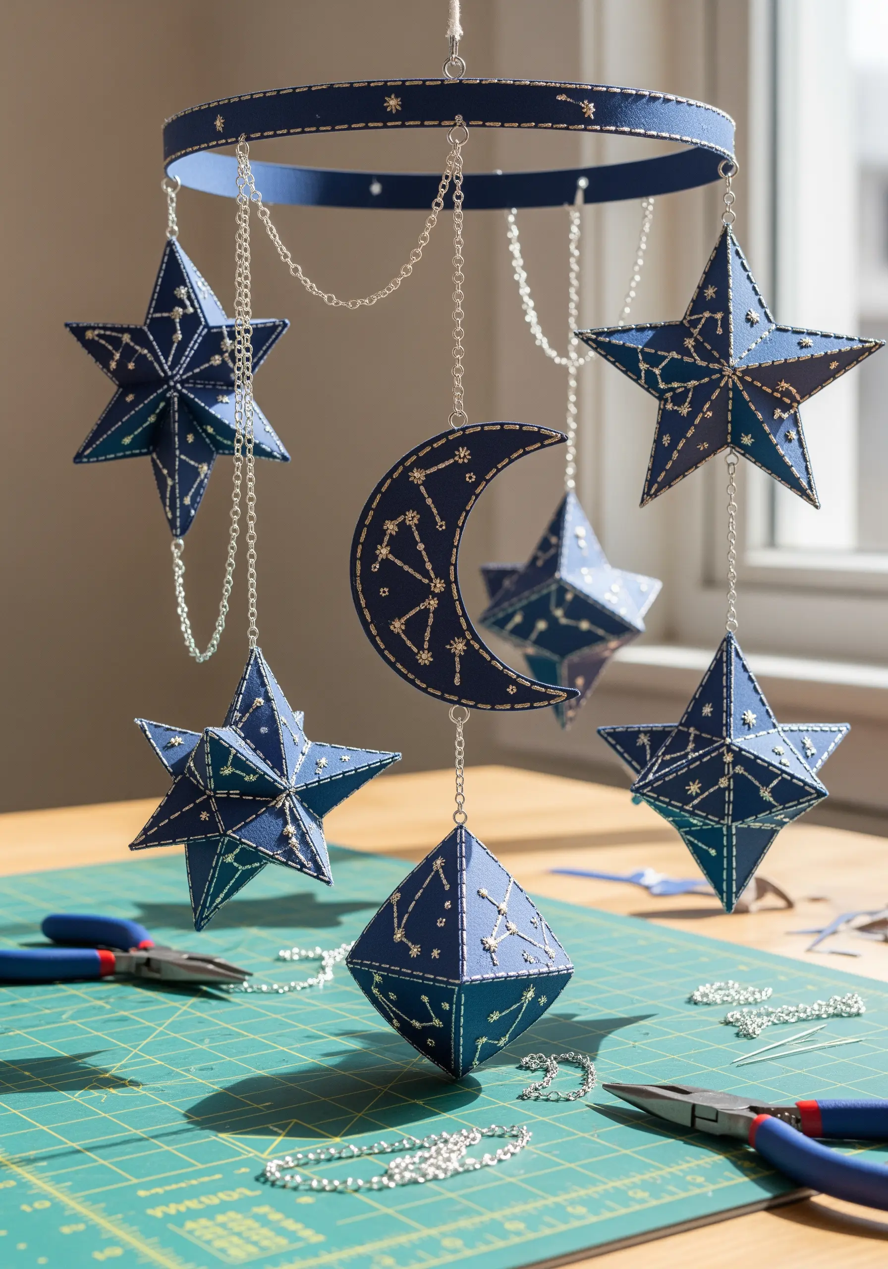 Hand-stitched constellations on dark blue 3D paper stars and a moon.