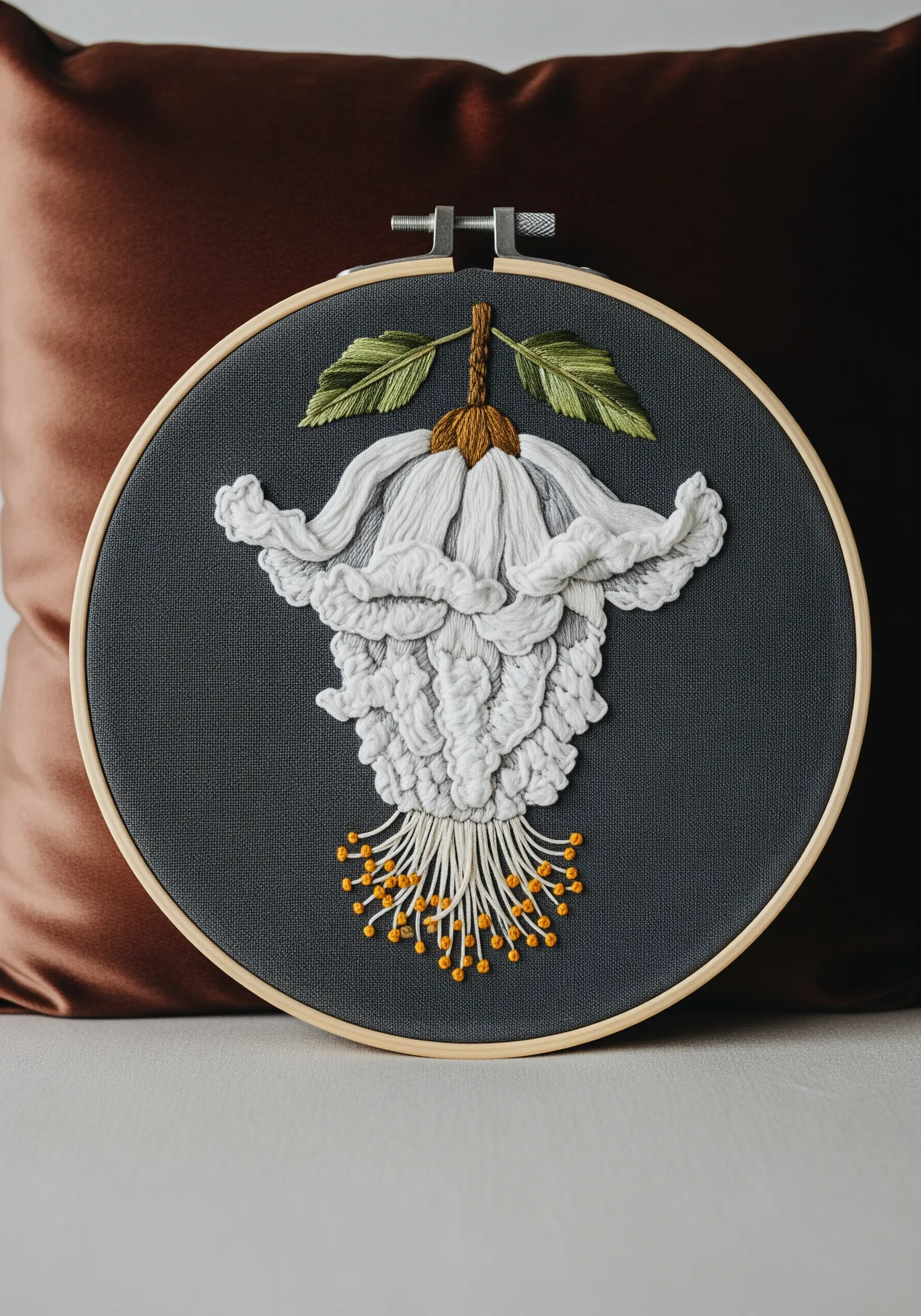 A highly textured, 3D embroidered white flower with long, beaded stamens on grey fabric.