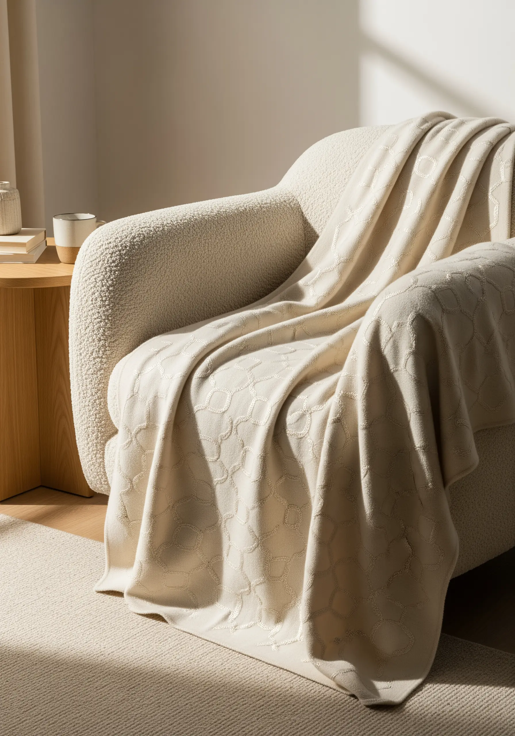 Tone-on-tone chain stitch embroidery creating a raised geometric pattern on a cream throw blanket.