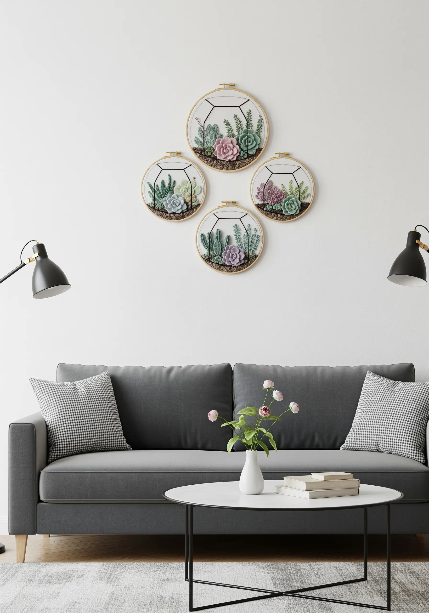 A set of four small embroidery hoops, each containing 3D embroidered succulents in a terrarium design.